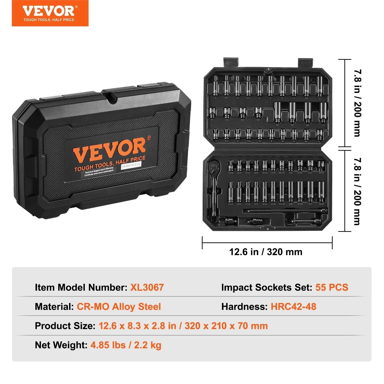 55-Piece Impact Socket Set 1/4in Drive CR-V Steel with Case-18pcs 0.375in / United States
