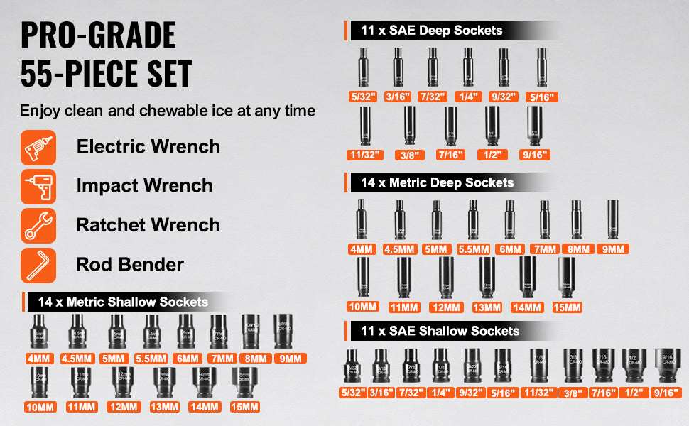 55-Piece Impact Socket Set 1/4in Drive CR-V Steel with Case-18pcs 0.375in / United States