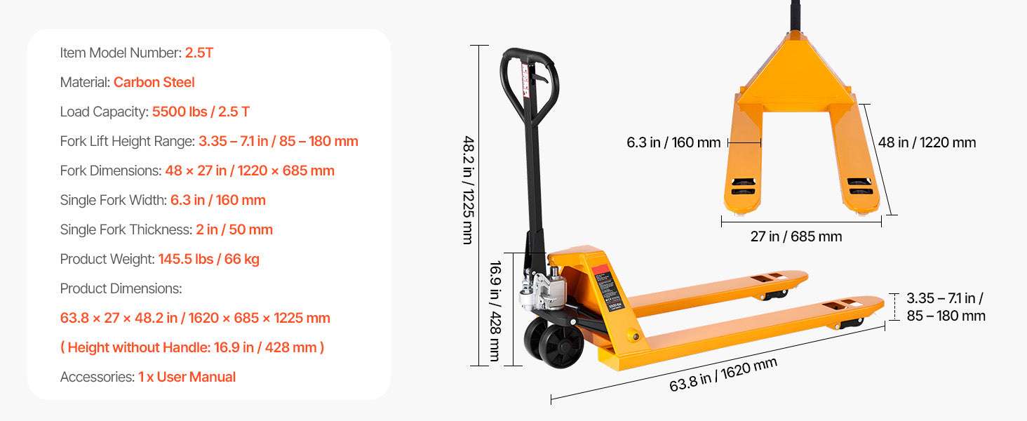 5500 lbs Manual Pallet Jack Heavy Duty 3.35–7.1 in Lift Range-5500 lbs / United States