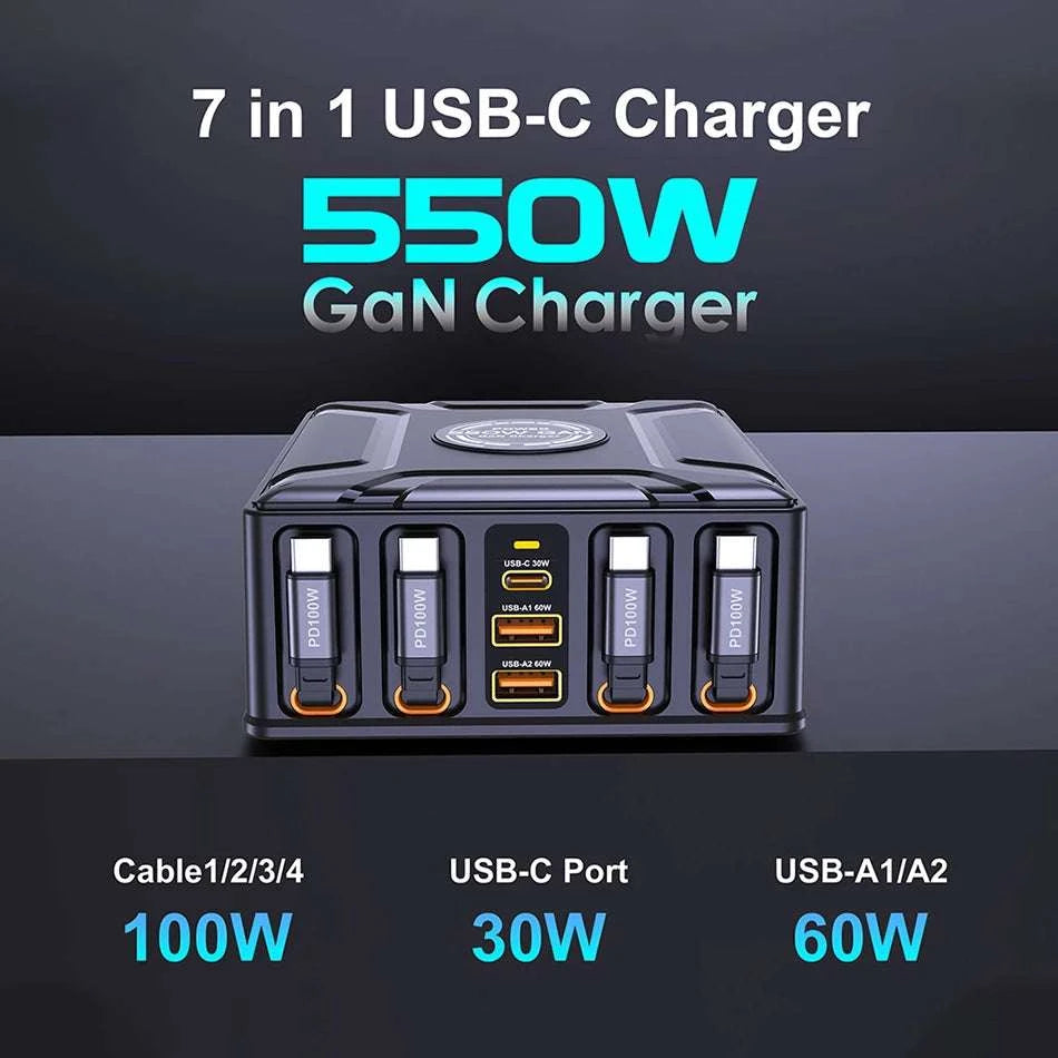 550W 7-in-1 Charging Station with 100W Retractable USB-C Cables-UK Plug