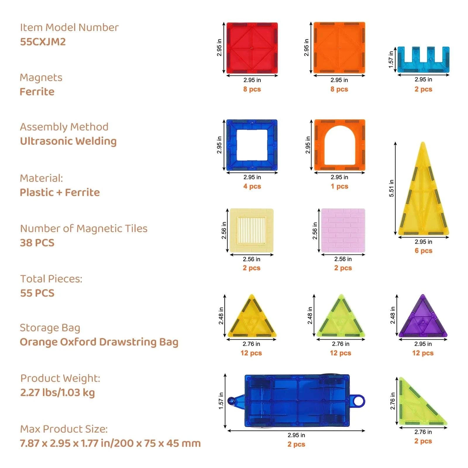 55pcs Magnetic Building Tiles Set for Creative Learning and Play-55pcs / Poland