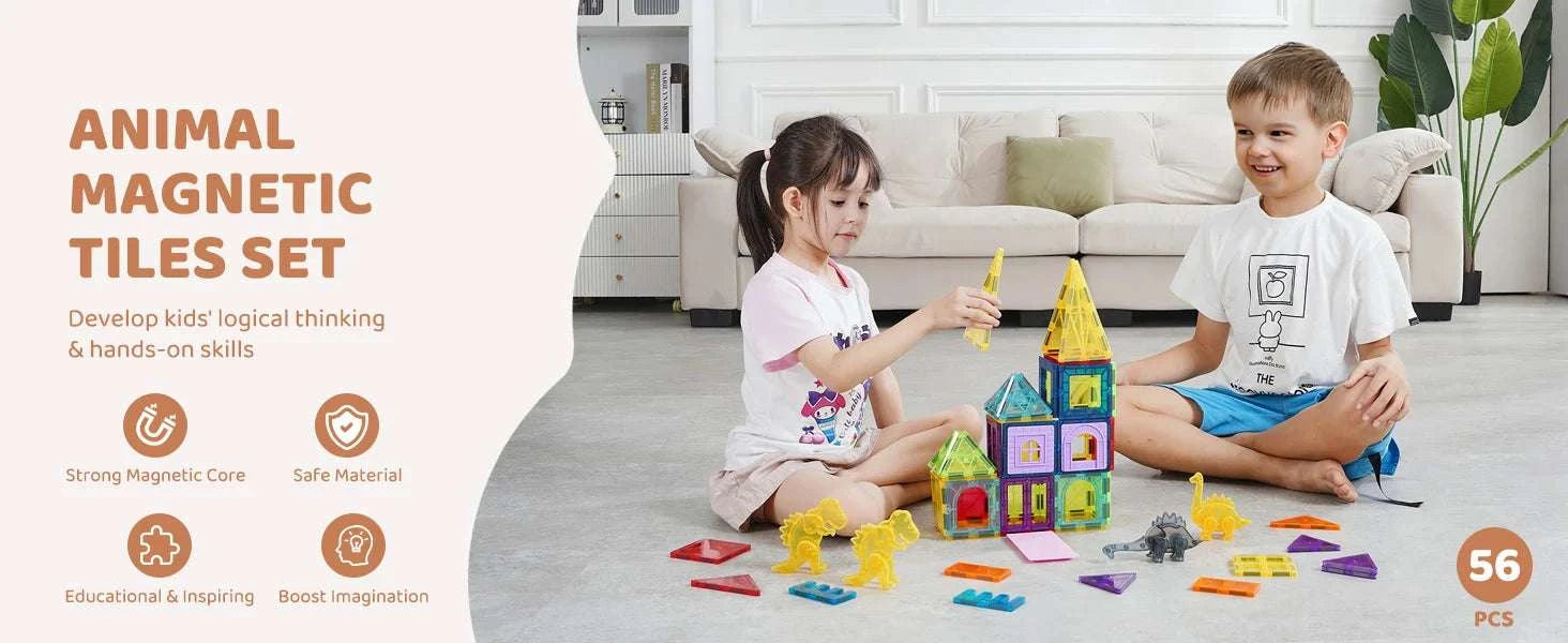56PCS Magnetic Tiles Building Set with Dinosaur Figures for Kids-56pcs / United States
