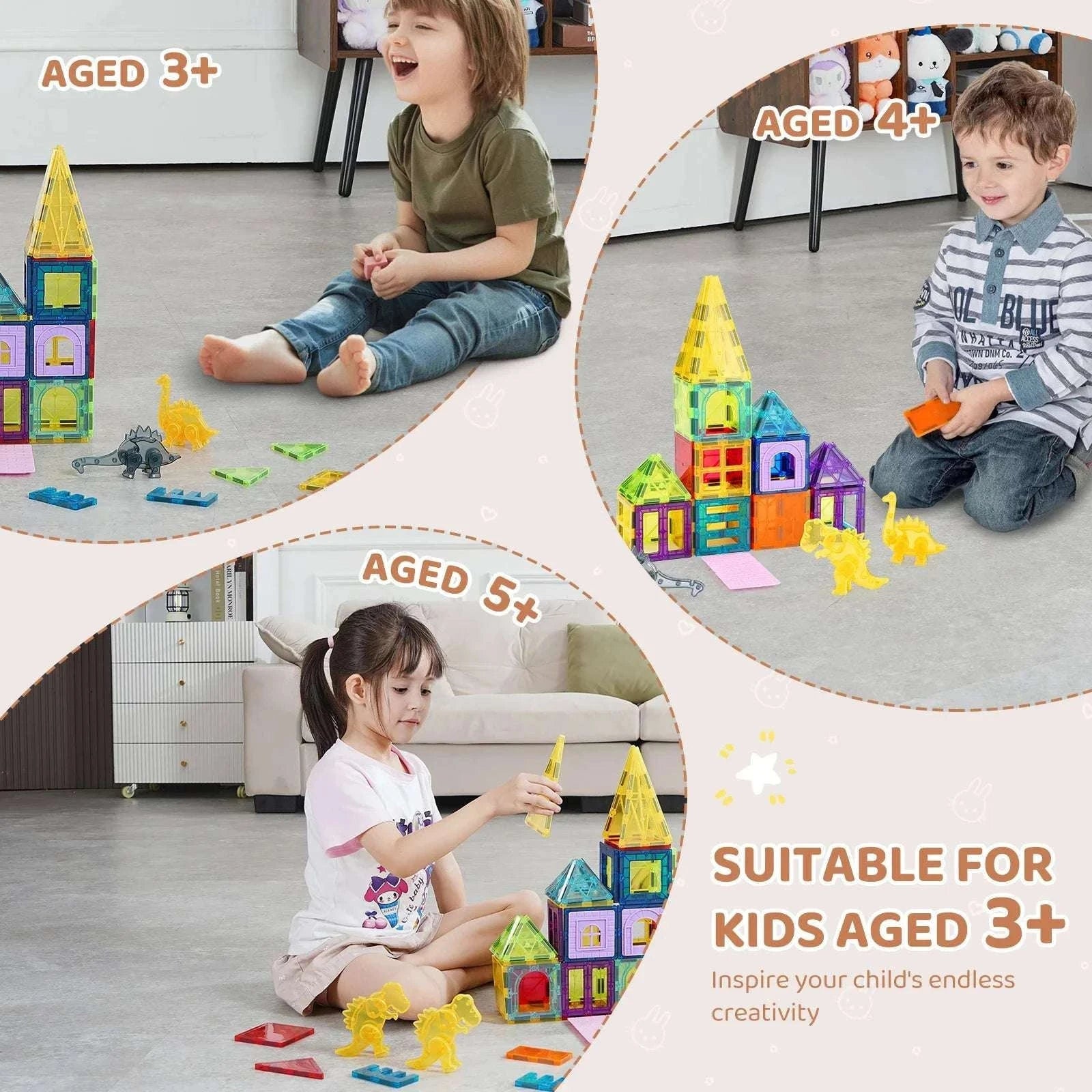56PCS Magnetic Tiles Building Set with Dinosaur Figures for Kids-56pcs / United States
