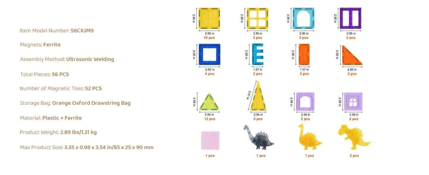 56PCS Magnetic Tiles Building Set with Dinosaur Figures for Kids-56pcs / United States
