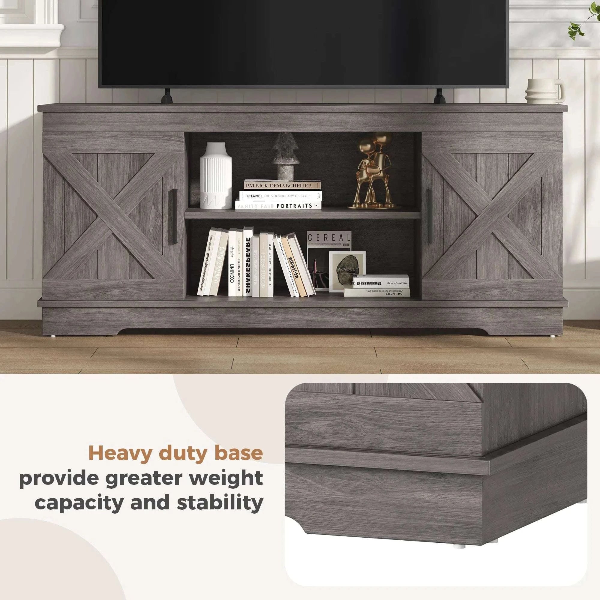 58-Inch Wooden TV Stand with Storage & Power for Up to 65” TVs-Light Grey / United States