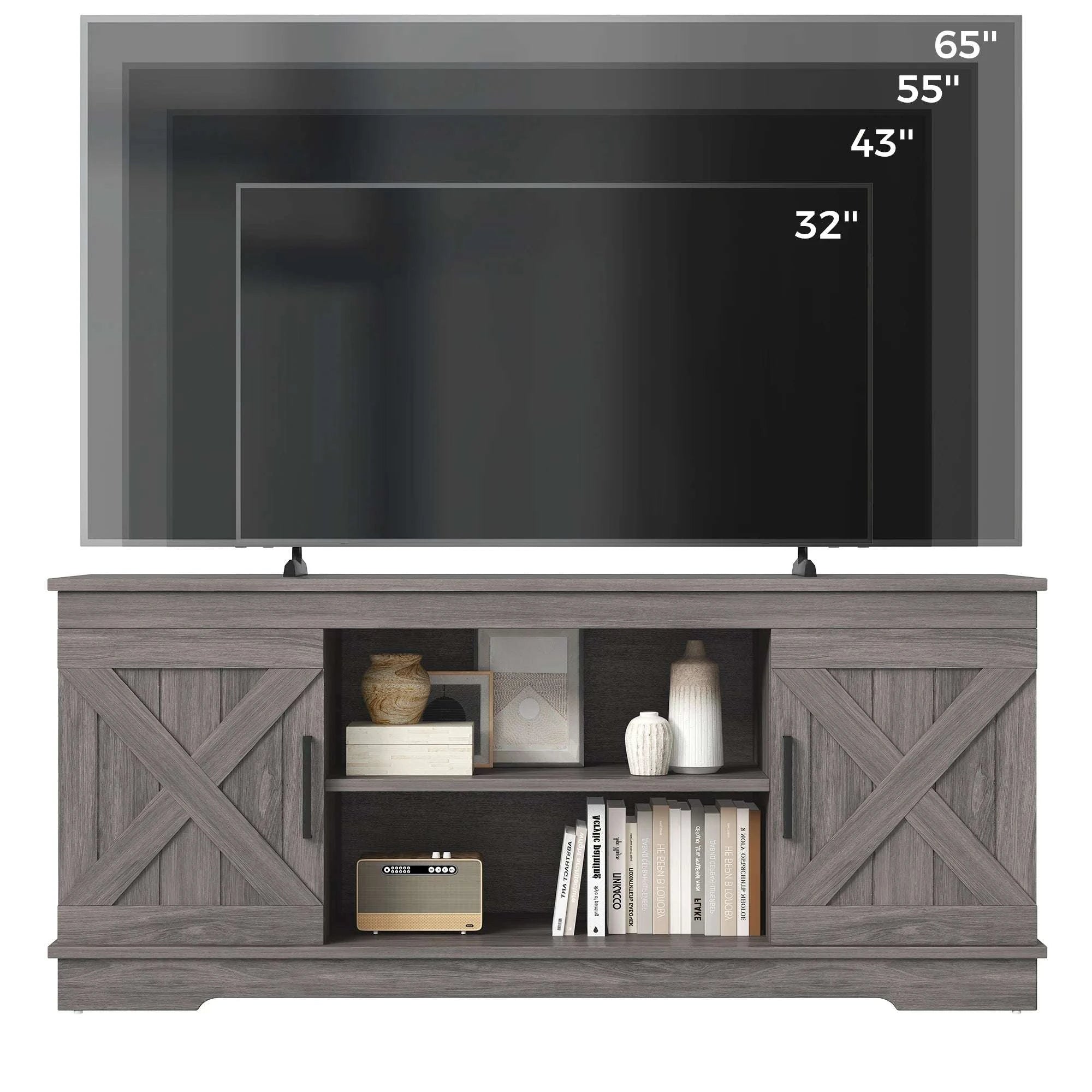 58-Inch Wooden TV Stand with Storage & Power for Up to 65” TVs-Light Grey / United States