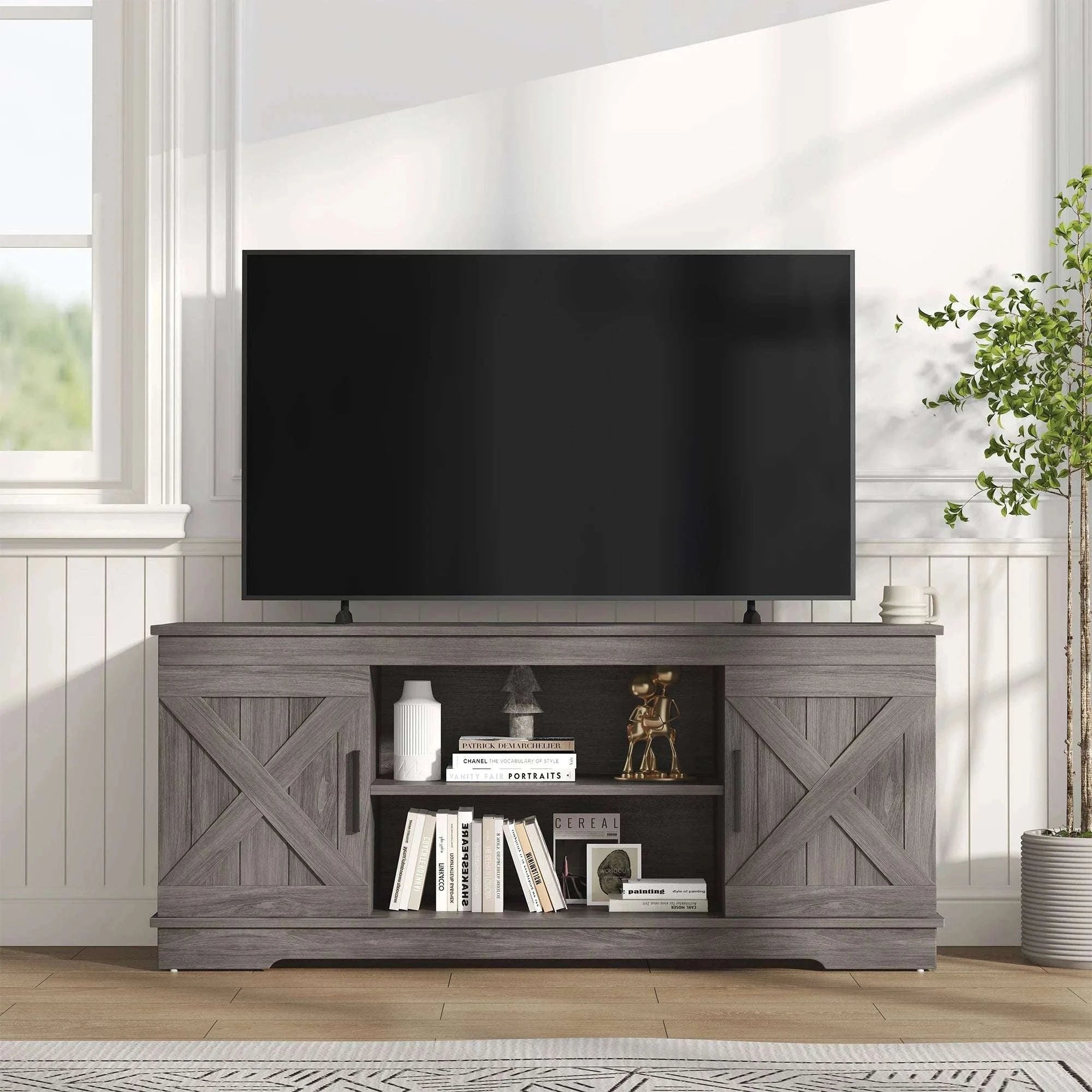 58-Inch Wooden TV Stand with Storage & Power for Up to 65” TVs-Light Grey / United States