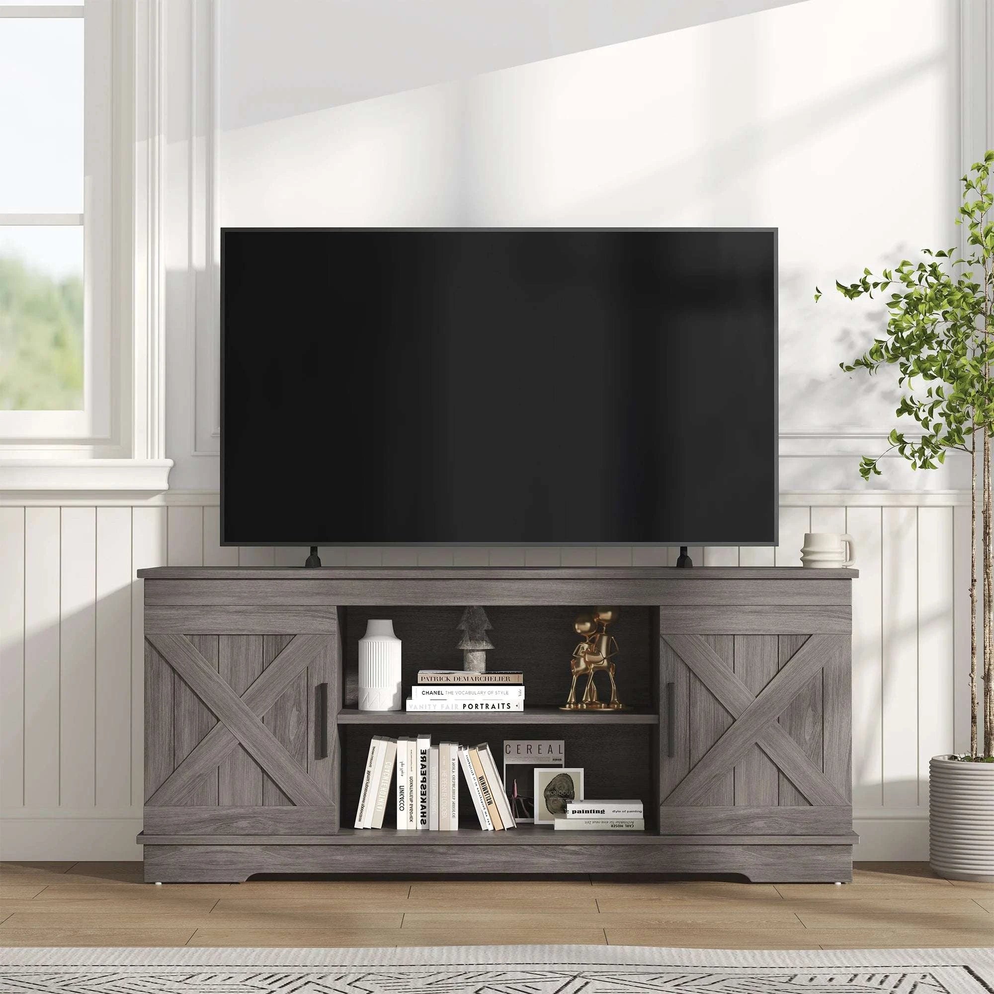 58-Inch Wooden TV Stand with Storage & Power for Up to 65” TVs-Light Grey / United States