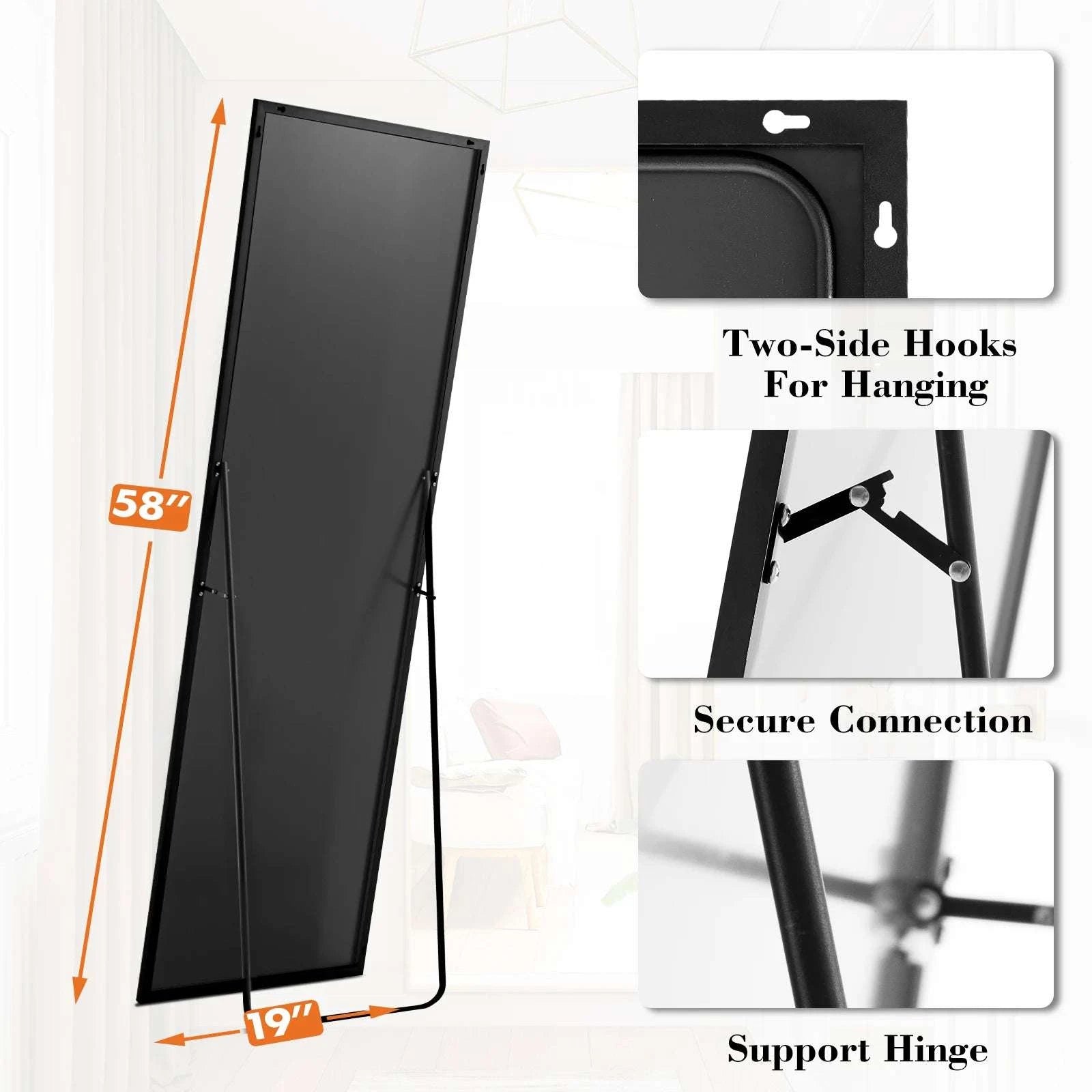 58" x 19" Full Length Floor Mirror with Stand & Wall Mount-Gold-rectangle / United States