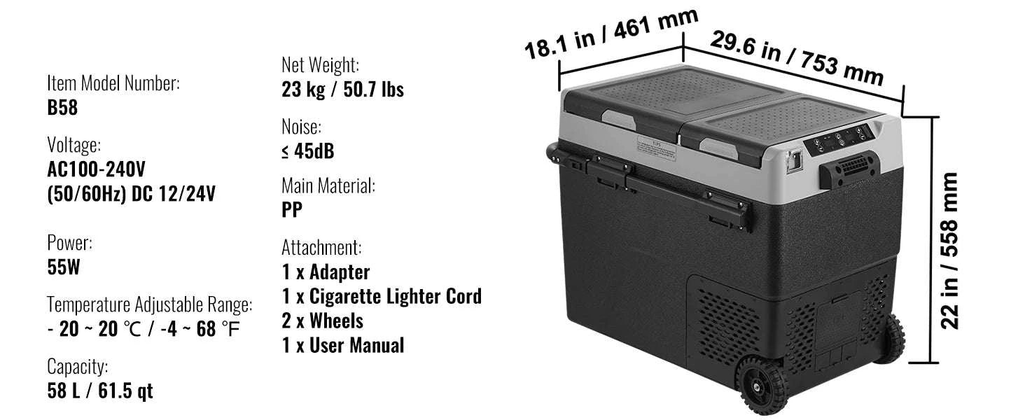 58L Portable Car Refrigerator Dual Zone Compressor Cooler-58 L / france