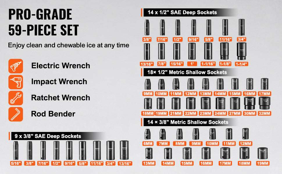 59-Piece Impact Socket Set 3/8" & 1/2" Drive SAE & Metric-59PCS / CZECH REPUBLIC
