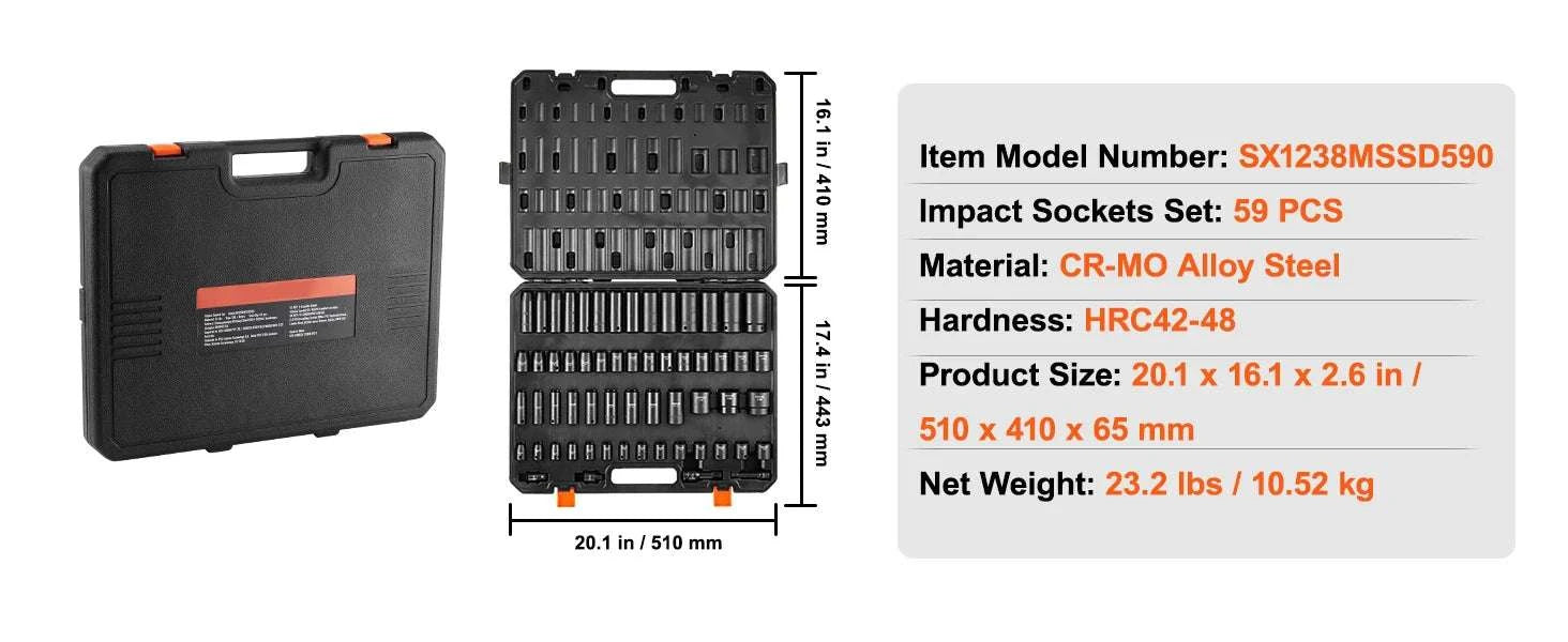 59-Piece Impact Socket Set 3/8" & 1/2" Drive SAE & Metric-59PCS / CZECH REPUBLIC