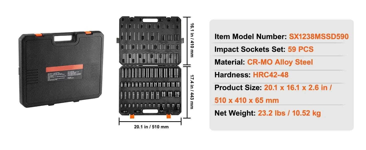 59-Piece Impact Socket Set, SAE & Metric 3/8" and 1/2" Drive-59PCS / CZECH REPUBLIC
