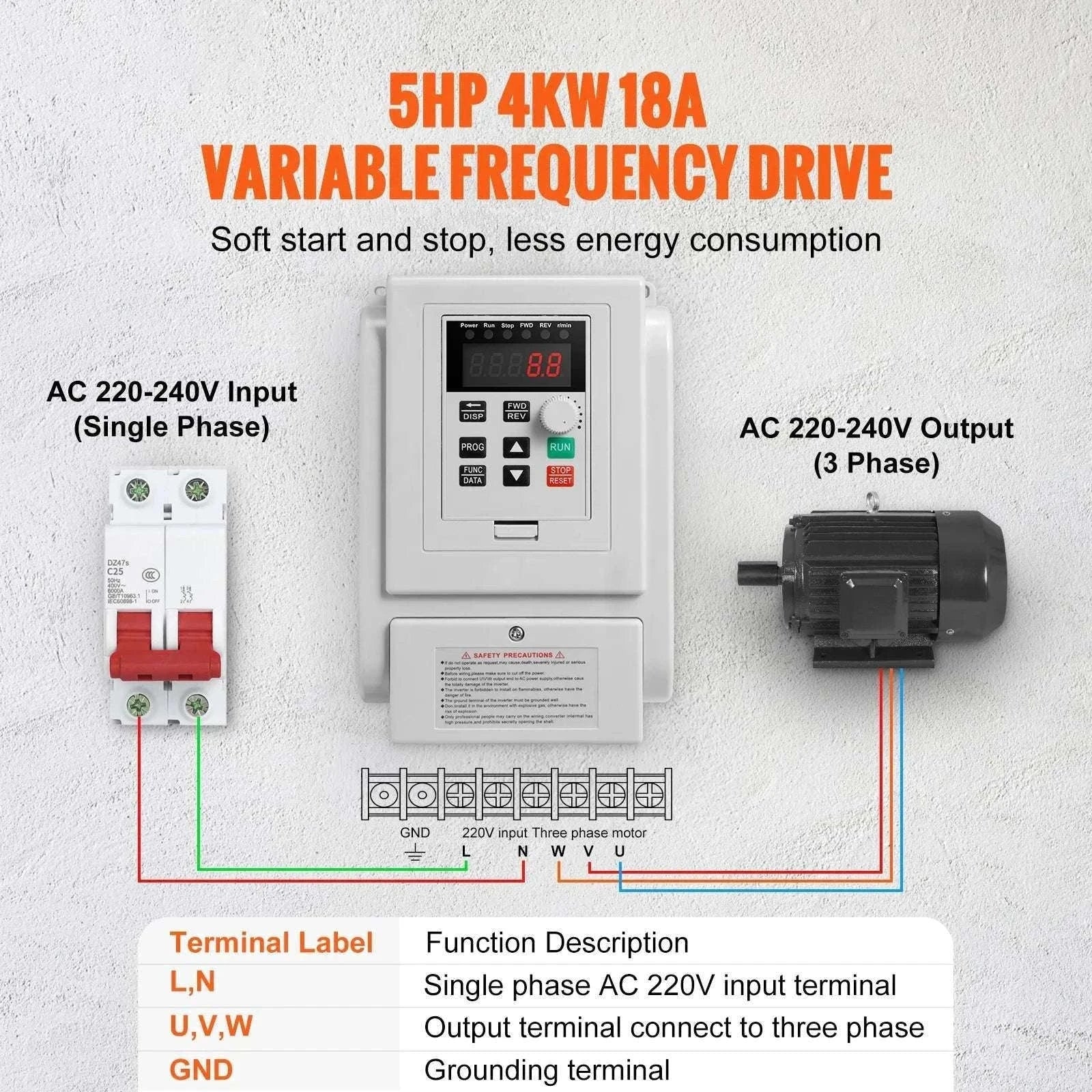 5HP 4KW Variable Frequency Drive 220V Single to 3 Phase Motor Control-10HP 220V / United States