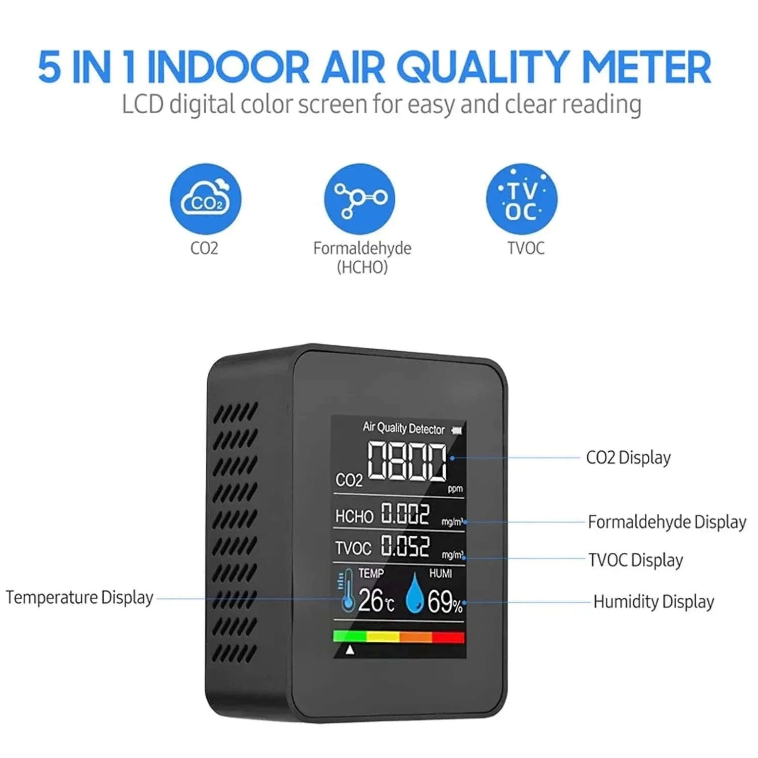 5in1 CO2 Meter Digital Air Quality Monitor-WHITE