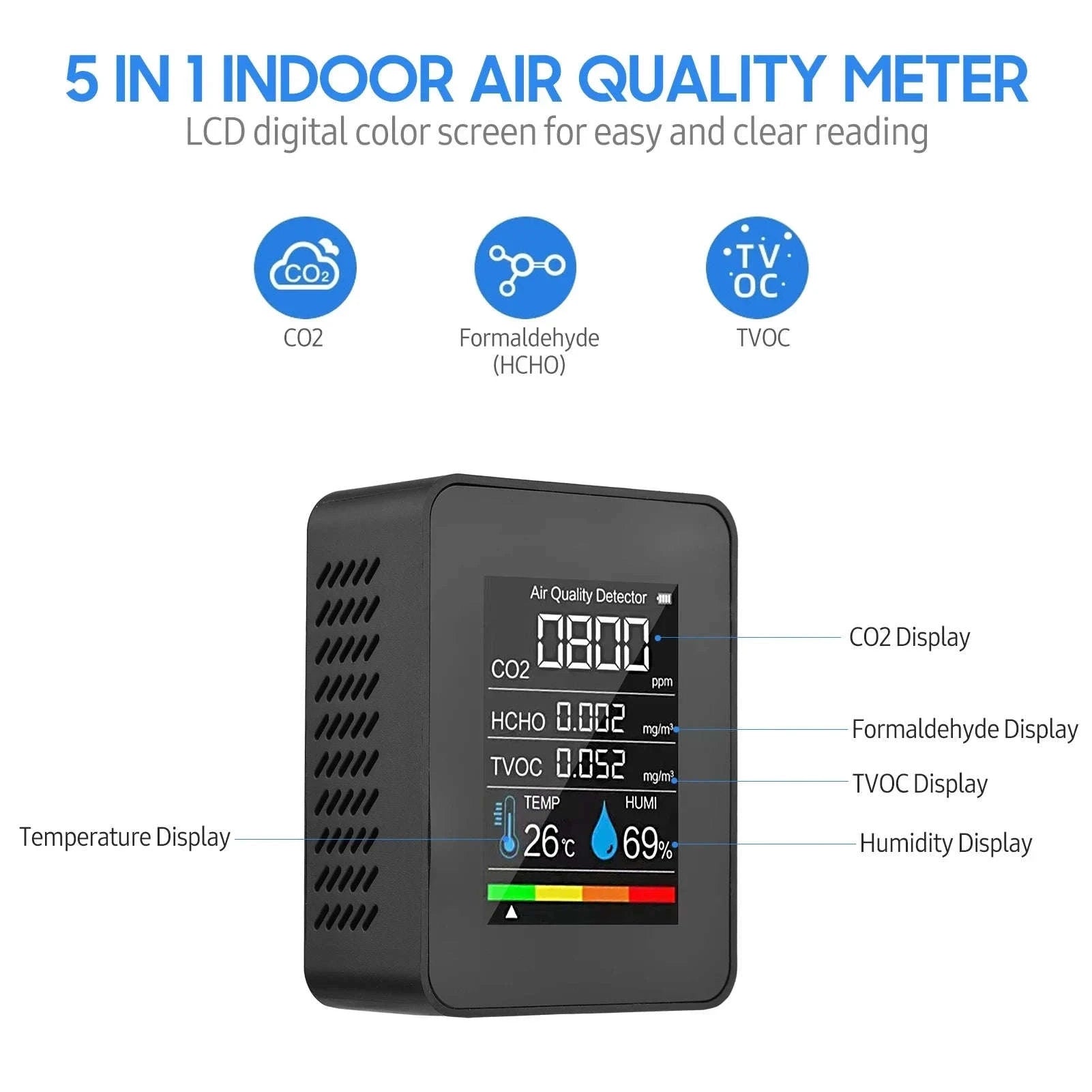5in1 CO2 Meter Digital Air Quality Monitor-WHITE