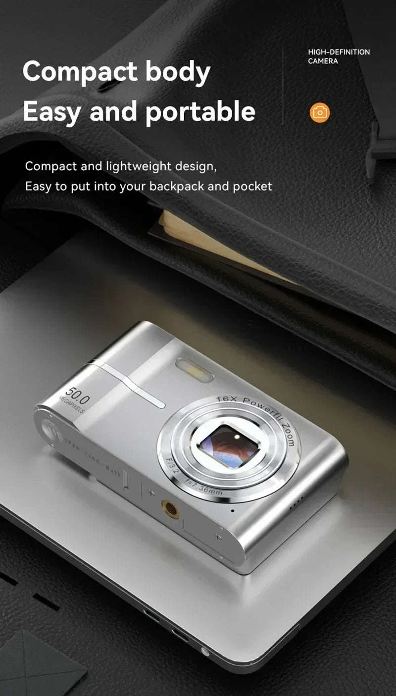 5K 50MP Mini Digital Camera with 16X Zoom, 2.4 Inch IPS Display & Flash-Only Charging Cable