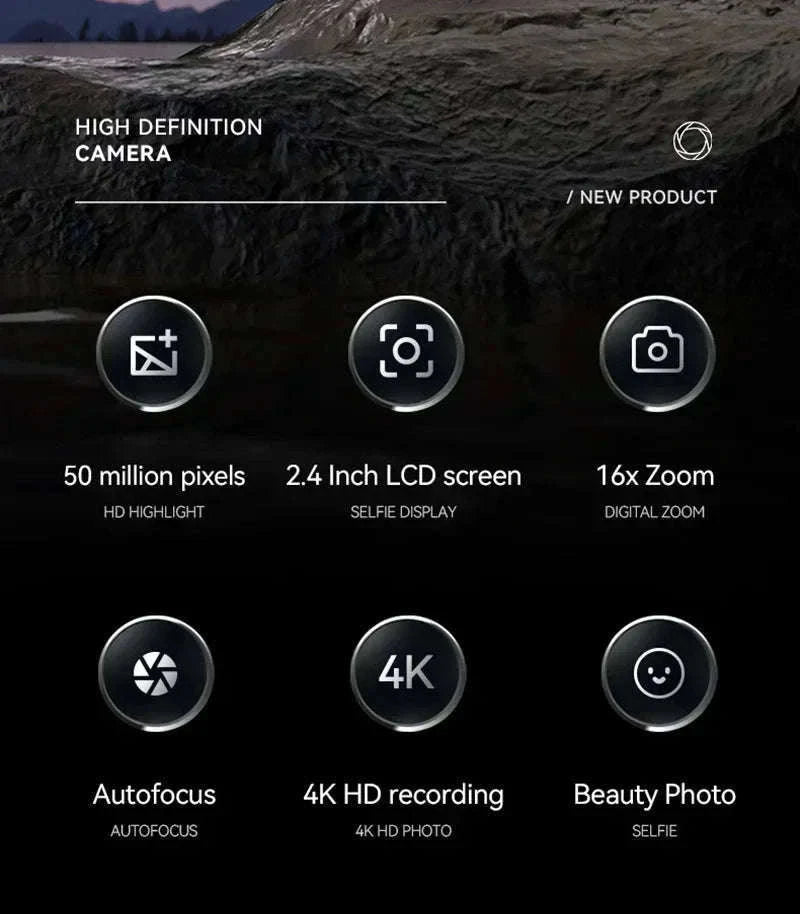 5K 50MP Mini Digital Camera with 16X Zoom, 2.4 Inch IPS Display & Flash-Only Charging Cable