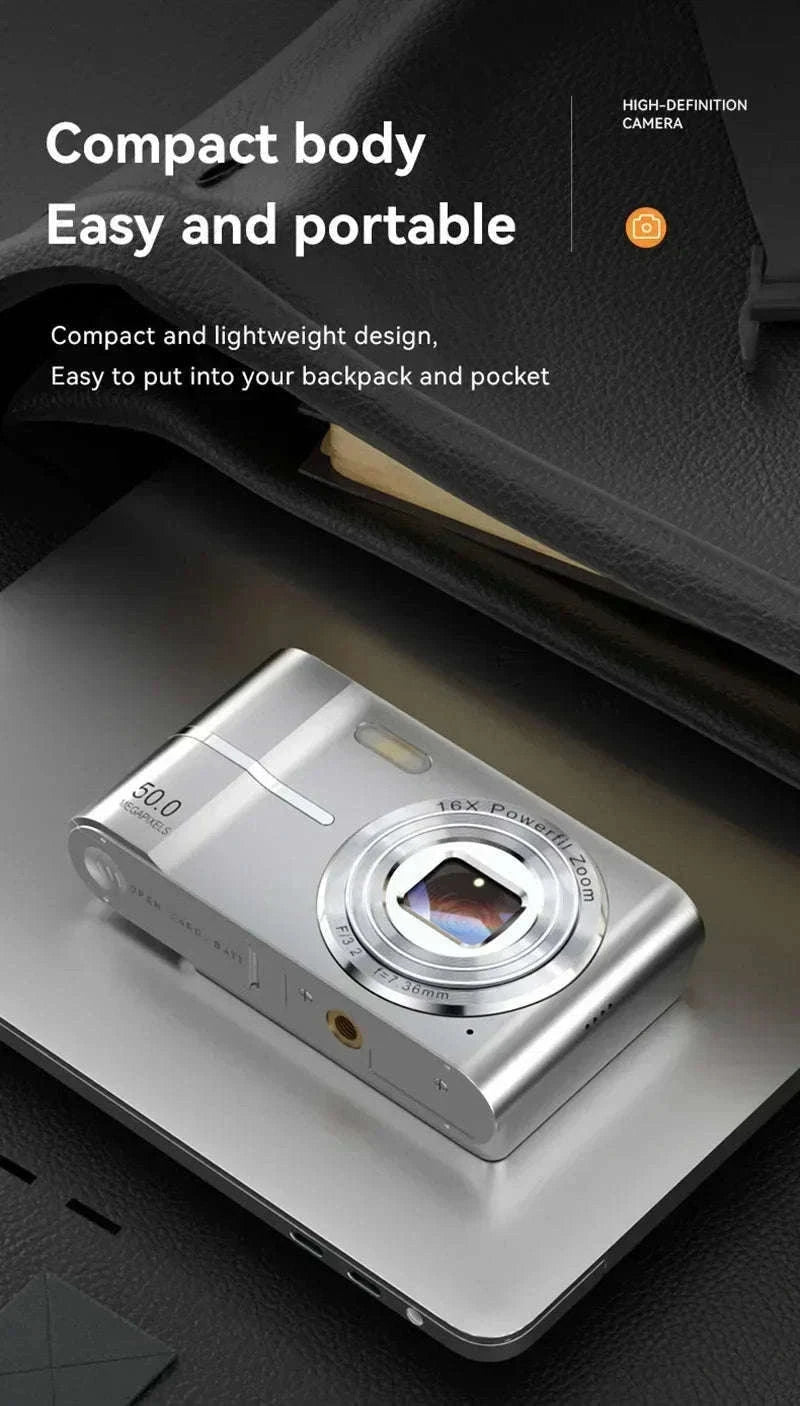 5K 50MP Mini Digital Camera with 16X Zoom, 2.4 Inch IPS Display & Flash-Only Charging Cable