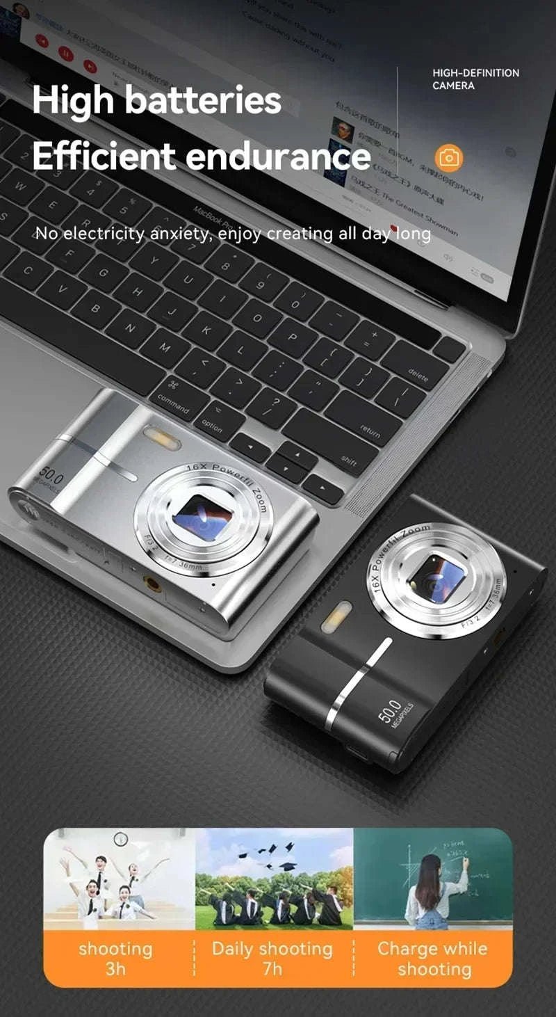 5K 50MP Mini Digital Camera with 16X Zoom, 2.4 Inch IPS Display & Flash-Only Charging Cable