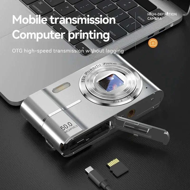 5K 50MP Mini Digital Camera with 16X Zoom, 2.4 Inch IPS Display & Flash-Only Charging Cable