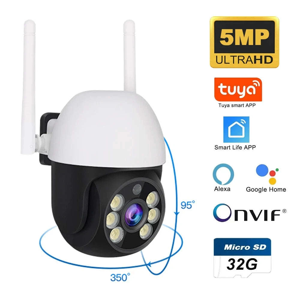 5MP PTZ WiFi Outdoor Security Camera with Auto Tracking & Night Vision-5MP and 32GB Card / EU Plug