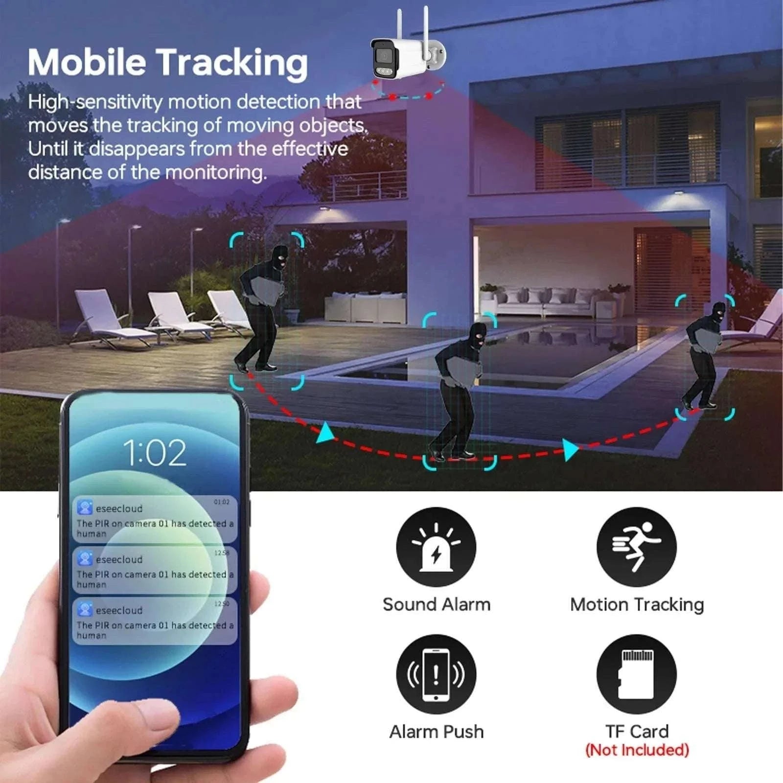 5MP WiFi Outdoor Security Camera with AI Detection & Night Vision-5MP add 64G Card / EU Plug