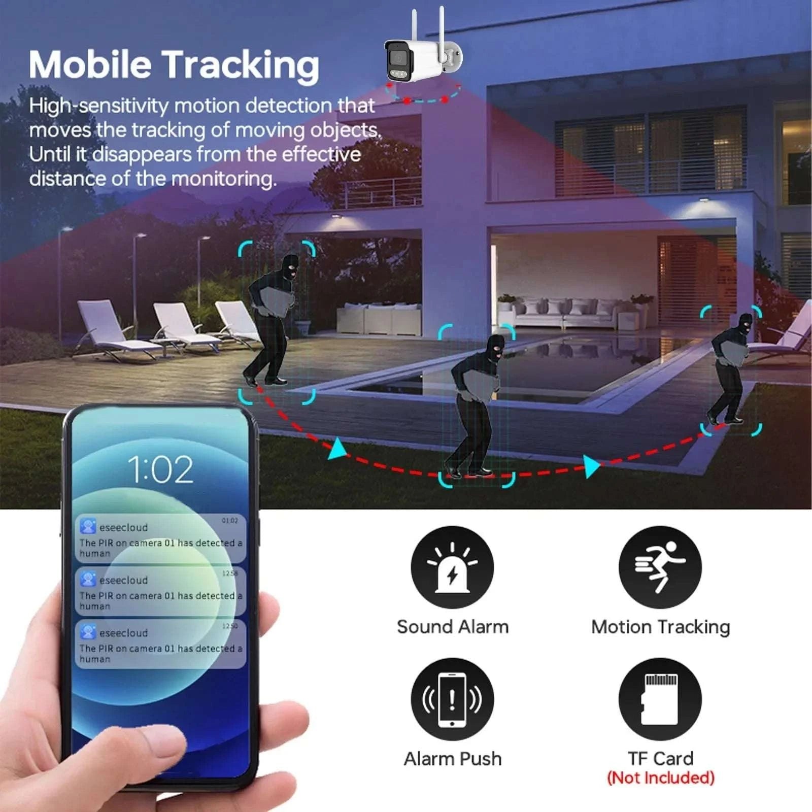 5MP WiFi Outdoor Security Camera with AI Detection & Night Vision-5MP add 64G Card / EU Plug