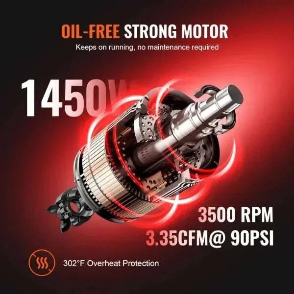 6.3 Gallon Oil-Free Air Compressor 2HP 3.35 CFM 90 PSI Quiet 70dB-8L