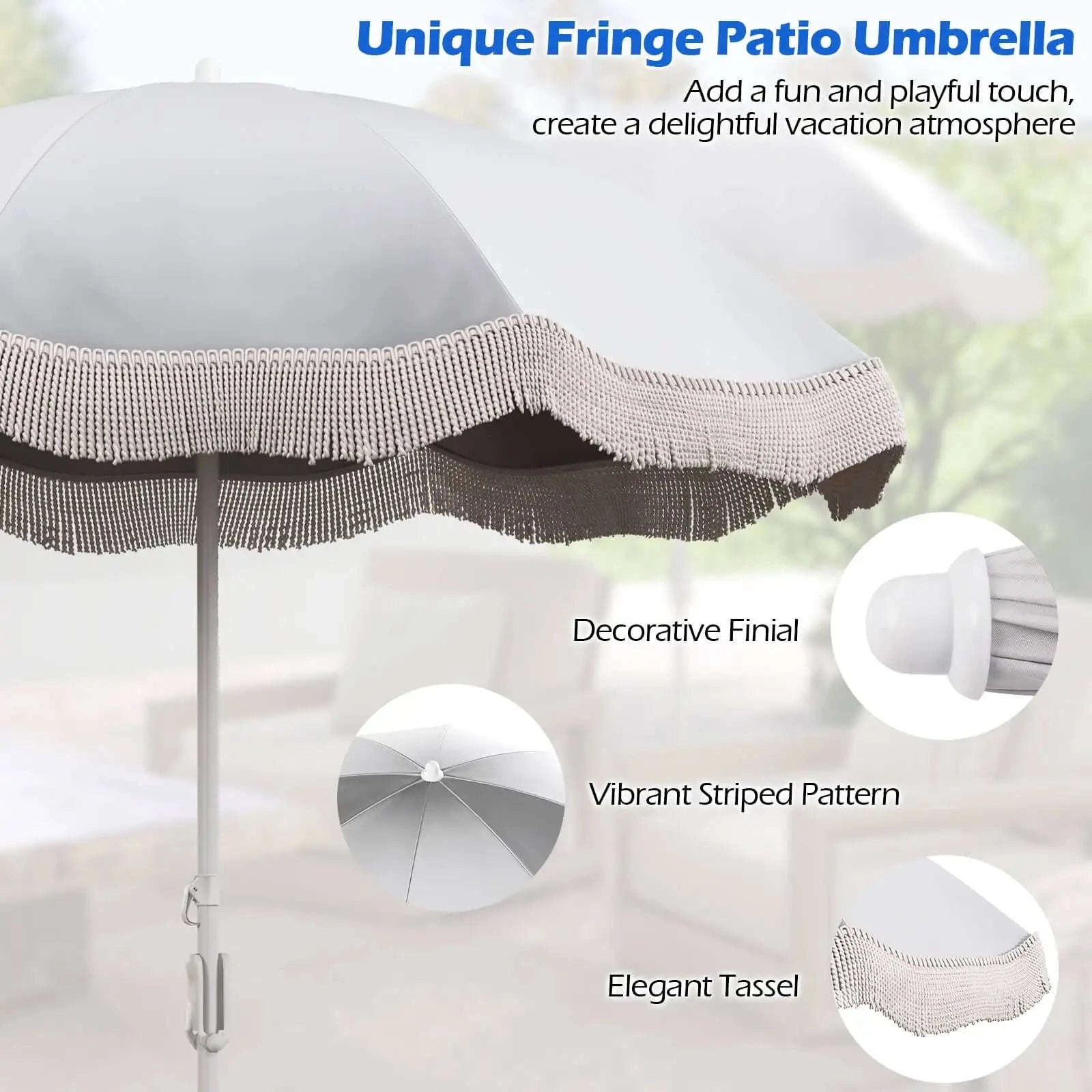 6.5 FT Patio Fringe Umbrella with Push-Button Tilt and Carry Bag-WHITE / United States