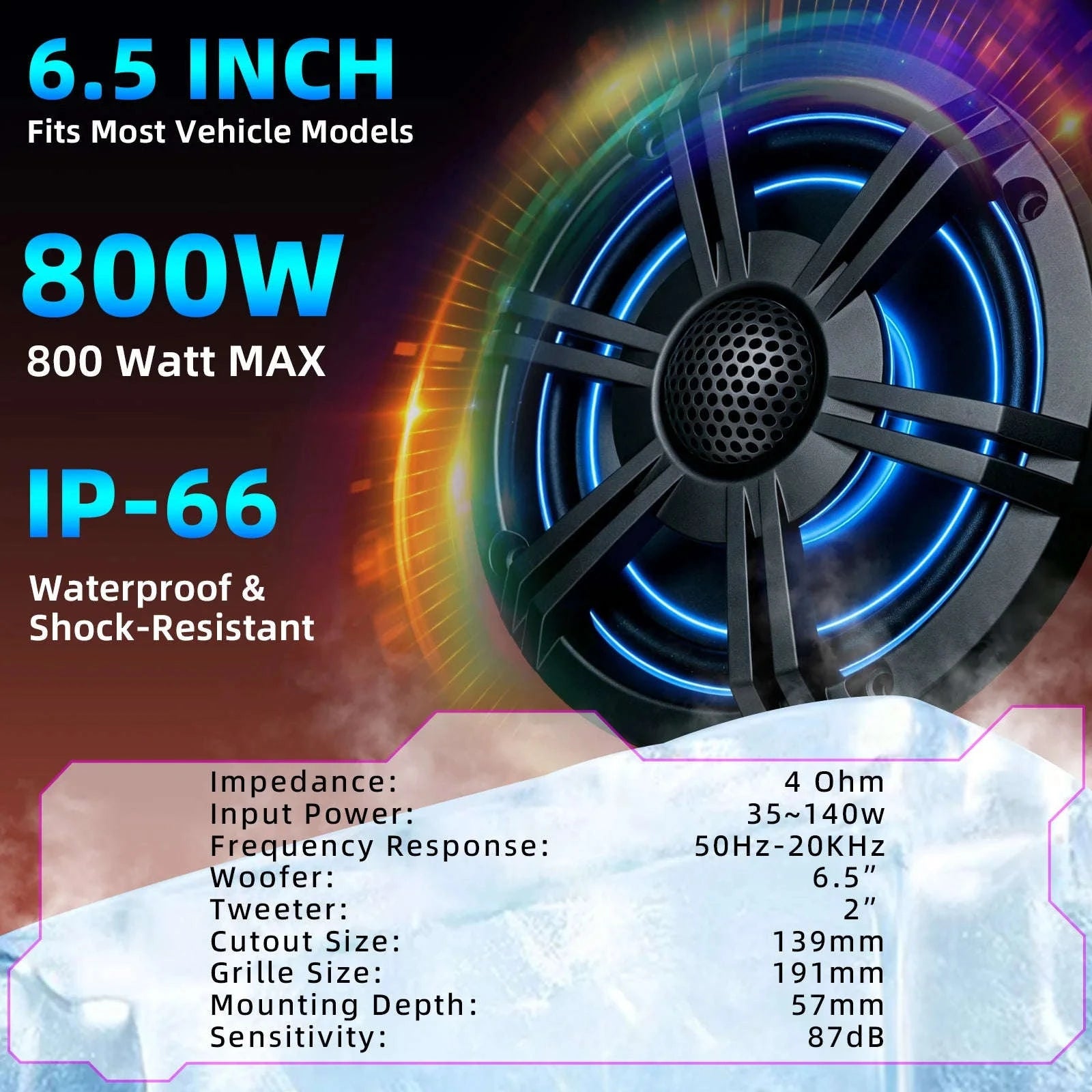 6.5 Inch Marine Coaxial Speaker with HIFI Light, IP66 Waterproof, 1pc-Default Title