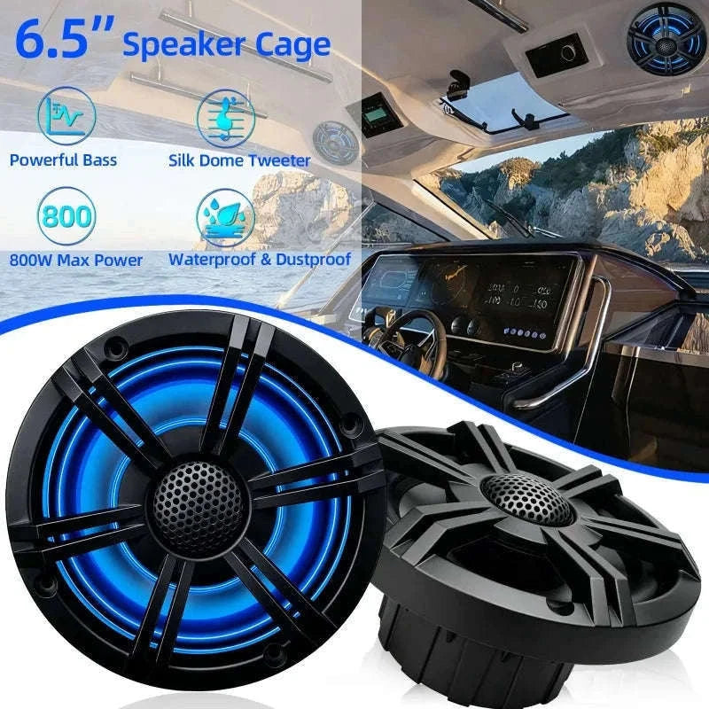 6.5 Inch Marine Coaxial Speaker with HIFI Light, IP66 Waterproof, 1pc-Default Title