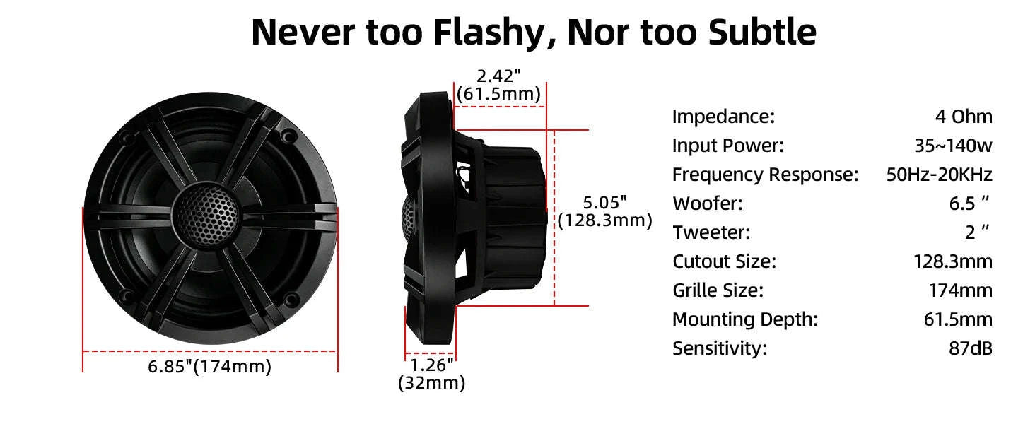 6.5 Inch Marine Coaxial Speaker with HIFI Light, IP66 Waterproof, 1pc-Default Title