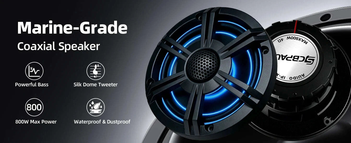 6.5 Inch Marine Coaxial Speaker with HIFI Light, IP66 Waterproof, 1pc-Default Title