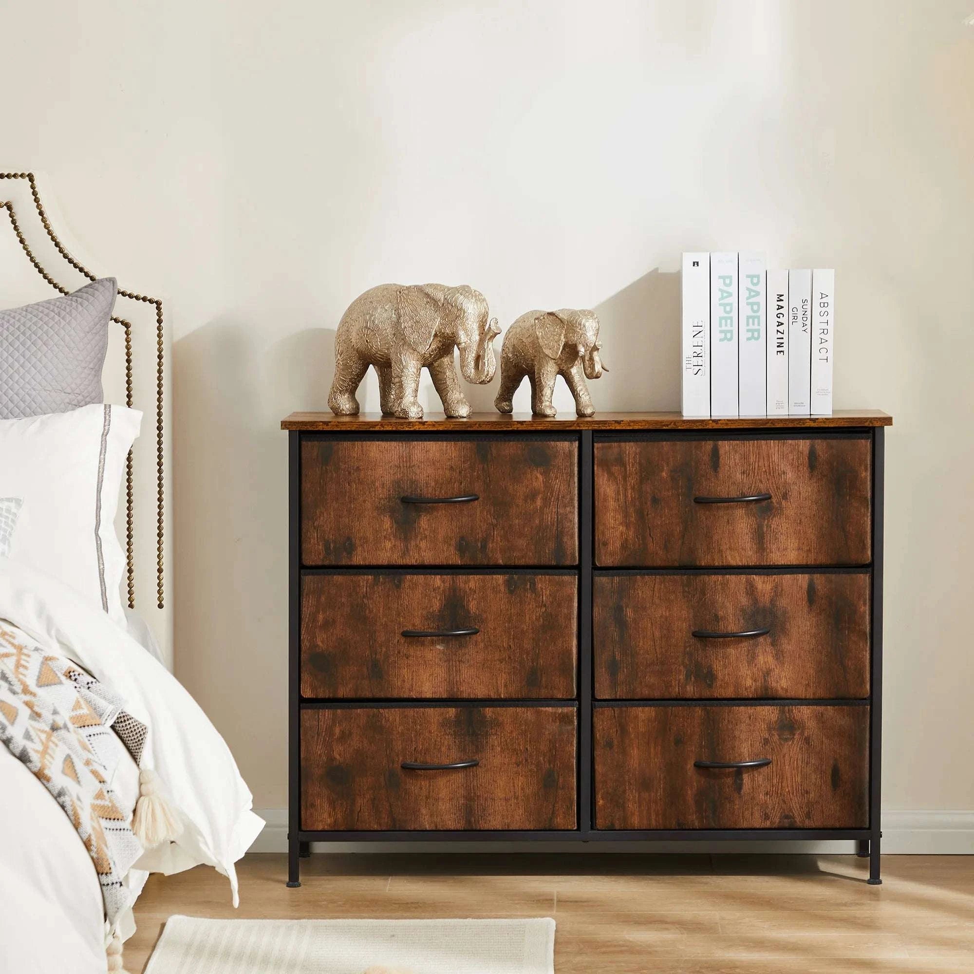 6 Drawer Fabric Dresser Nightstand with Wooden Top Storage Unit-WHITE / United States