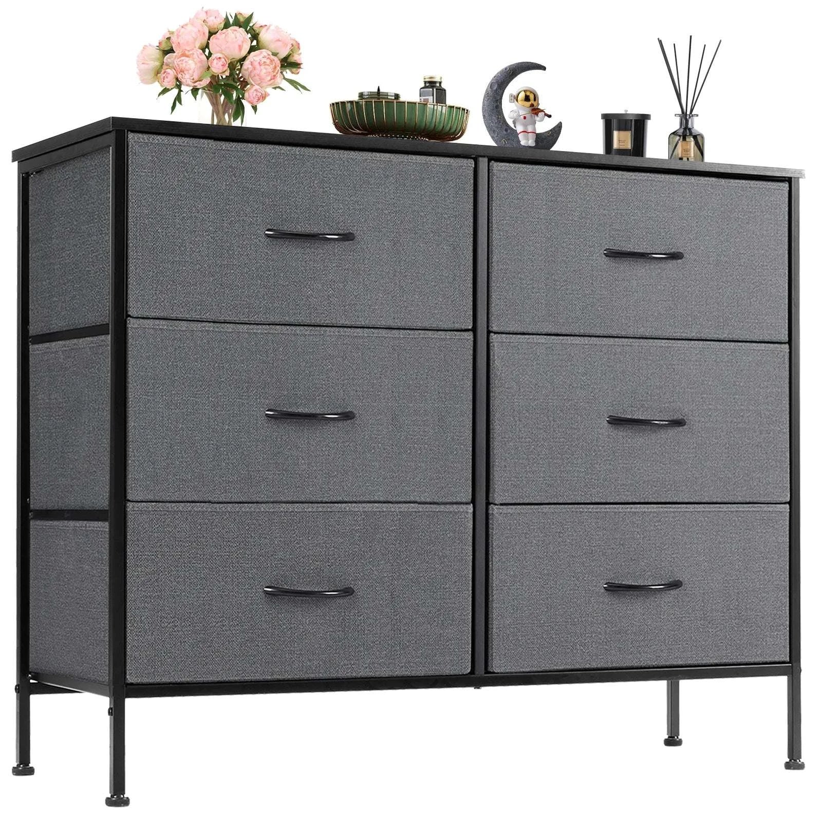 6 Drawer Fabric Dresser Nightstand with Wooden Top Storage Unit-WHITE / United States