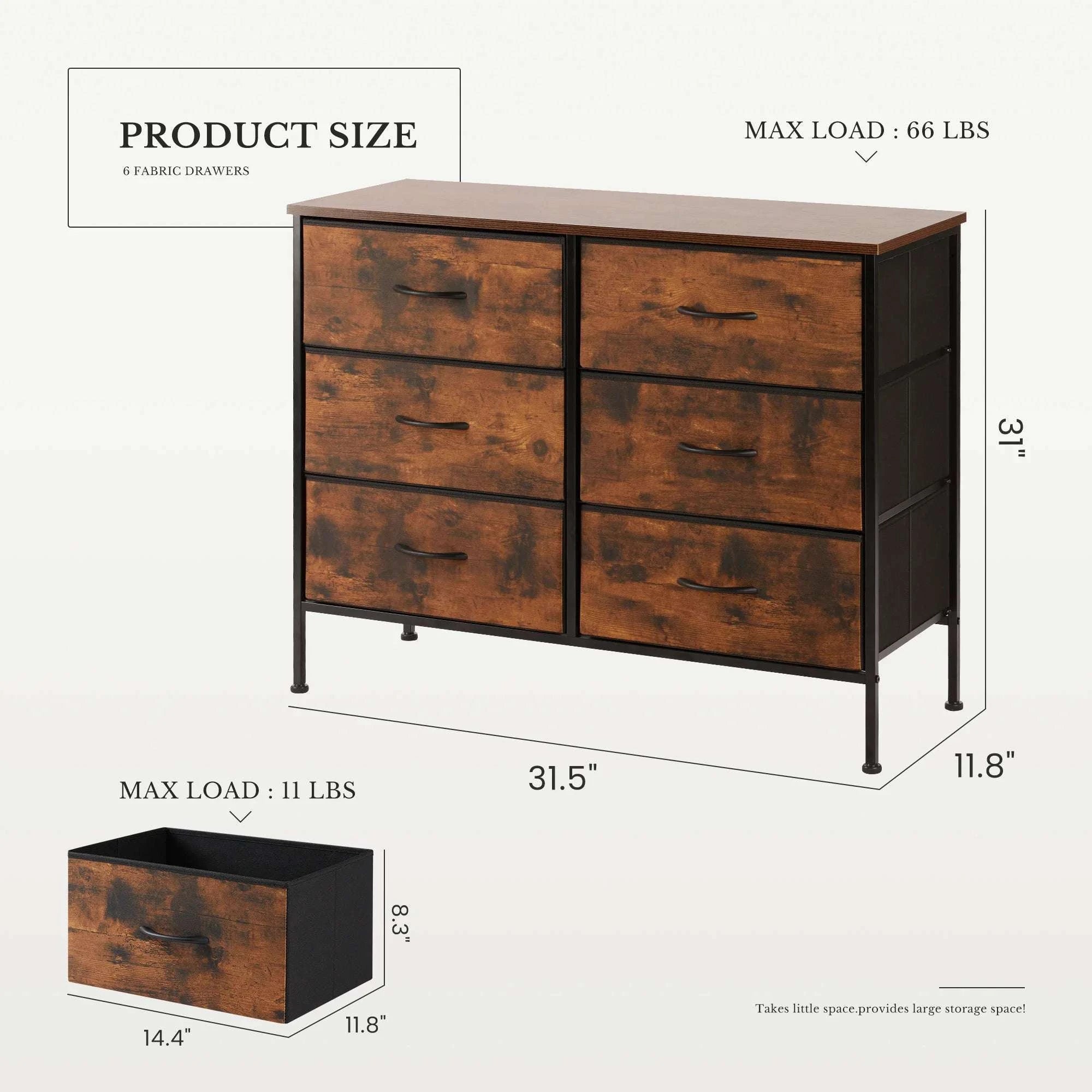 6 Drawer Fabric Dresser Nightstand with Wooden Top Storage Unit-WHITE / United States