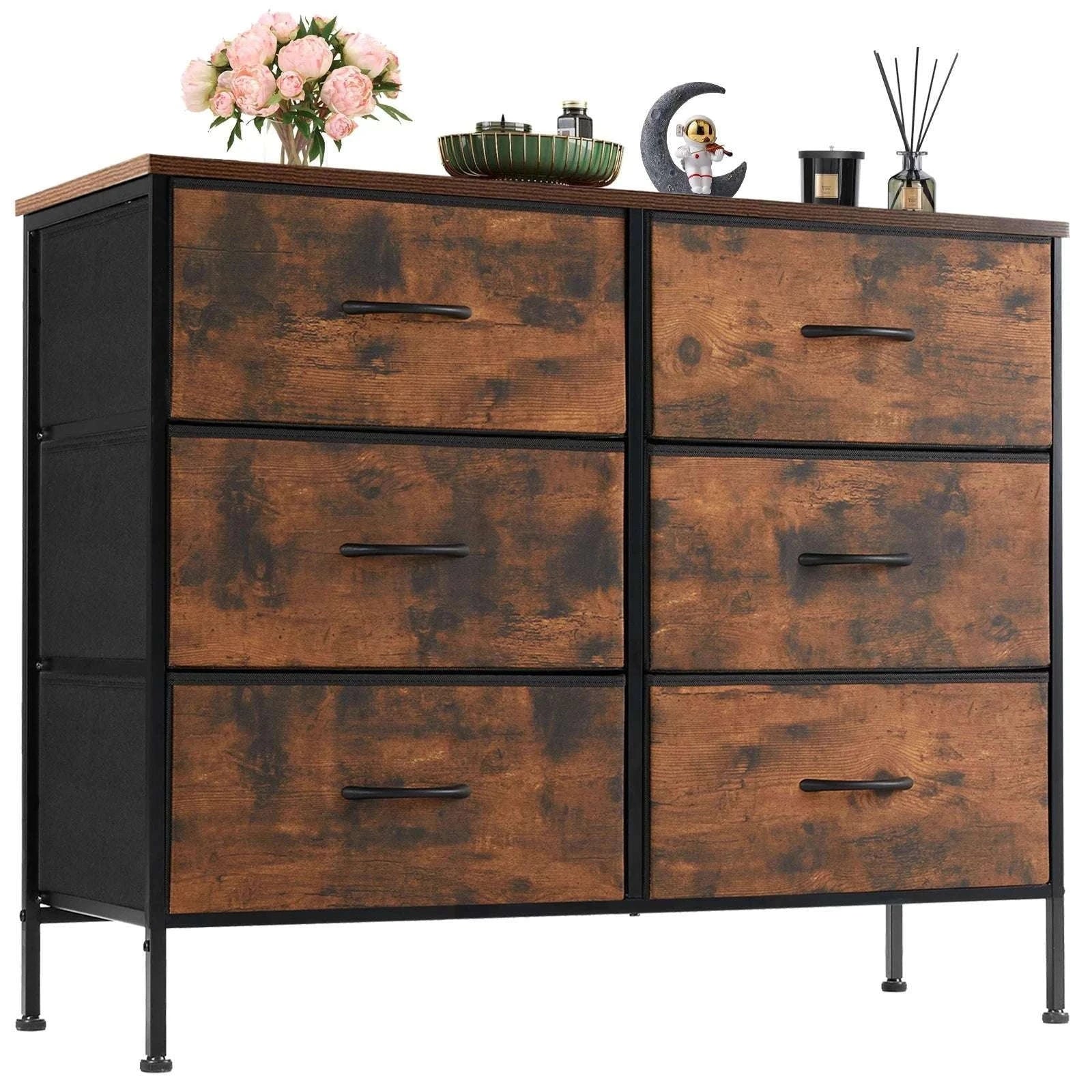 6 Drawer Fabric Dresser Nightstand with Wooden Top Storage Unit-WHITE / United States