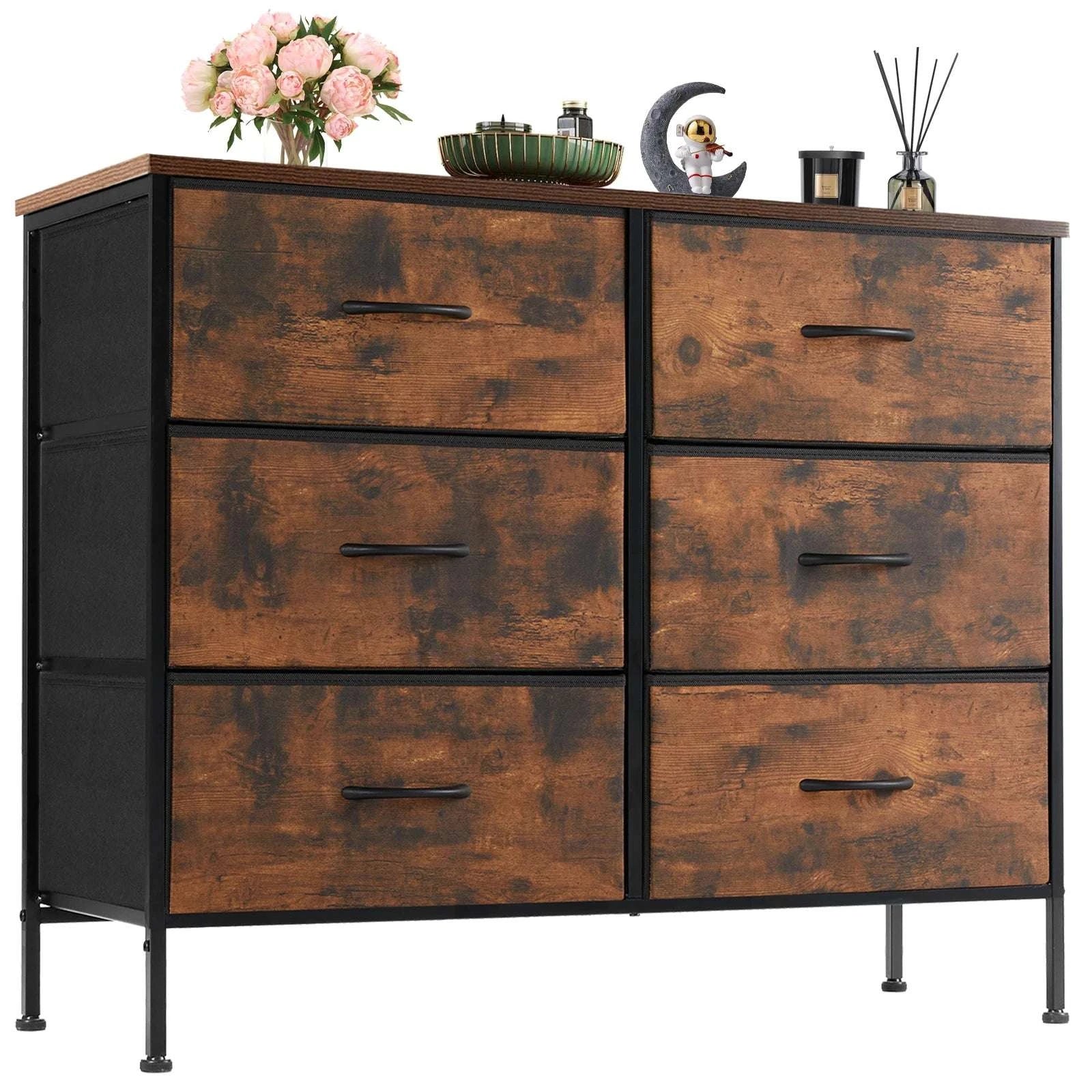 6 Drawer Fabric Dresser Nightstand with Wooden Top Storage Unit-WHITE / United States