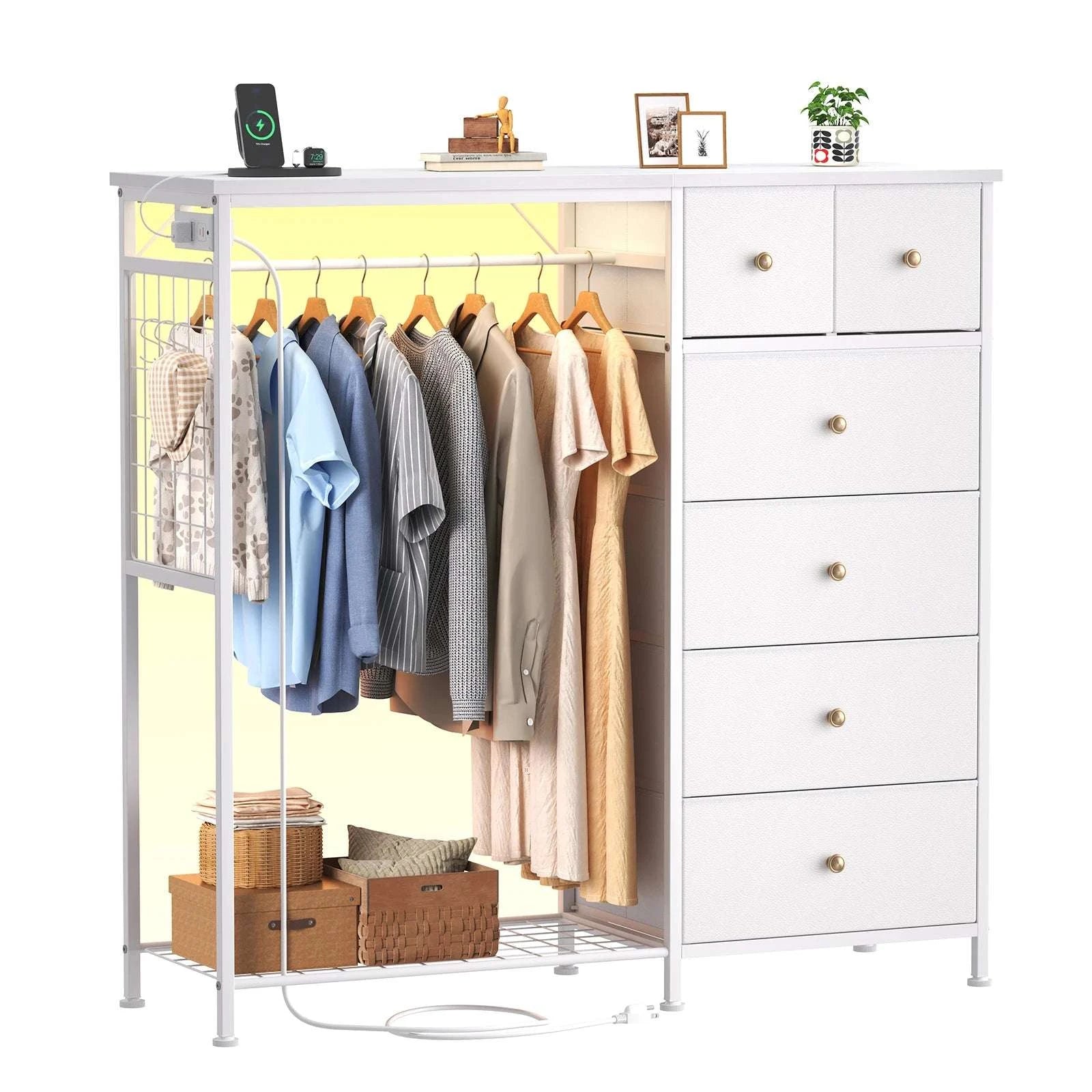 6-Drawer Fabric Dresser with Hanging Rack, LED Lights & Charging Station-LIGHT GRAY / United States