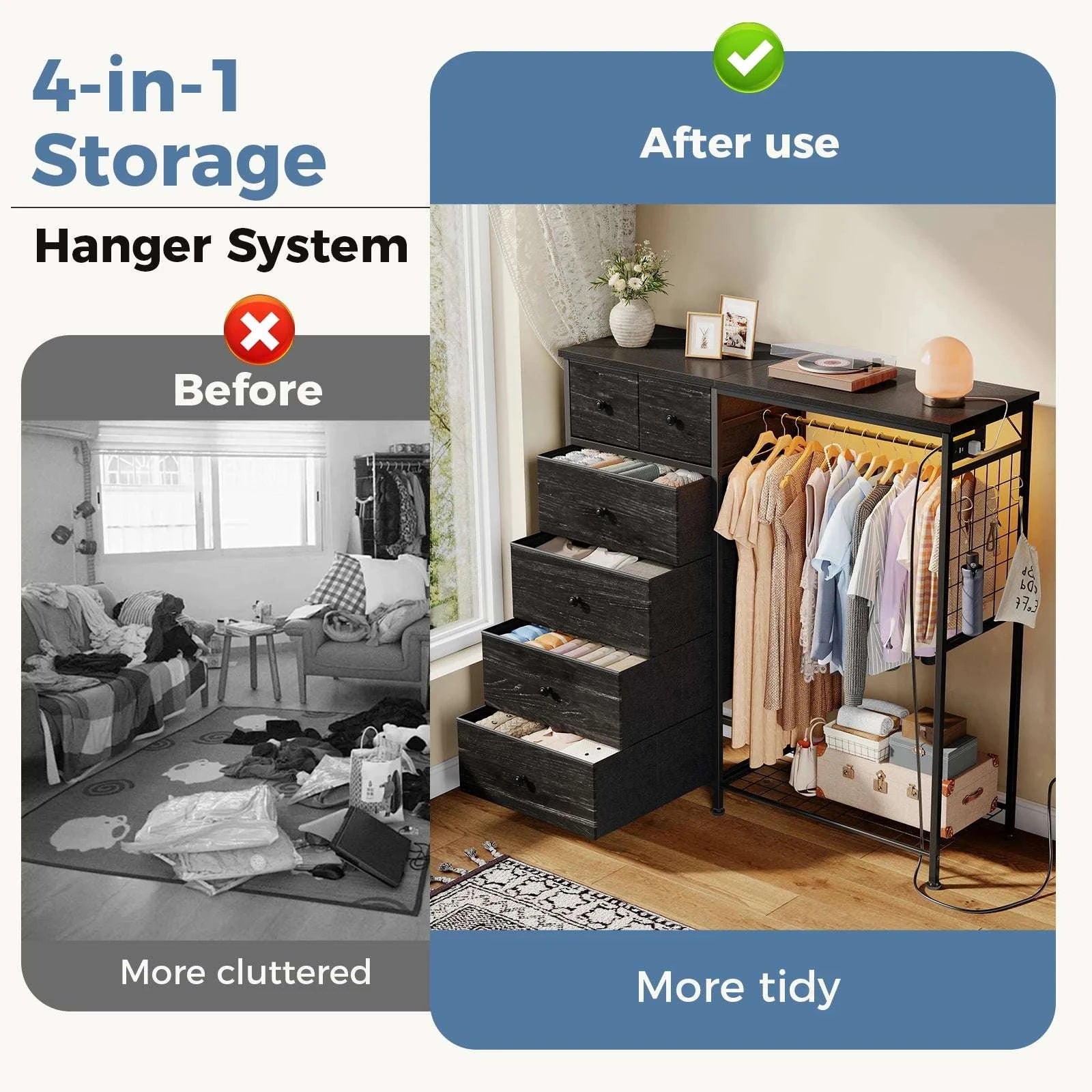 6-Drawer Fabric Dresser with Hanging Rack, LED Lights & Charging Station-LIGHT GRAY / United States