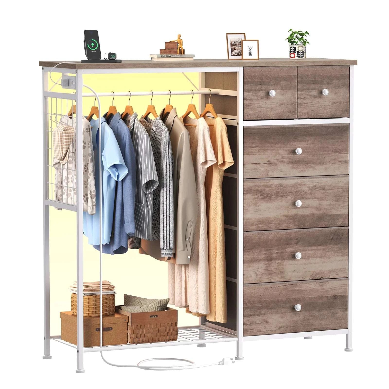 6-Drawer Fabric Dresser with Hanging Rack, LED Lights & Charging Station-LIGHT GRAY / United States