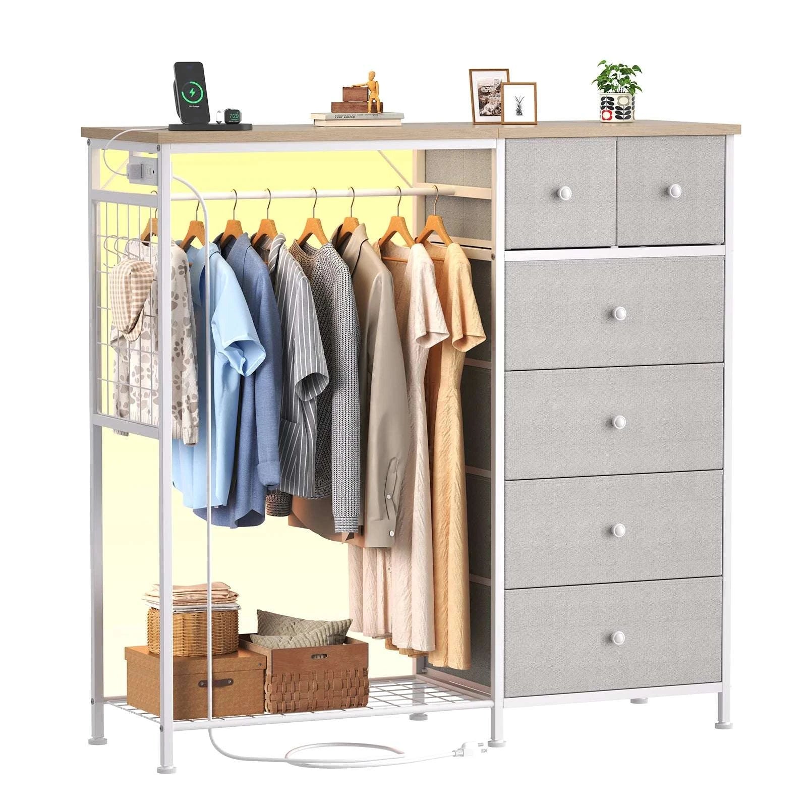 6-Drawer Fabric Dresser with Hanging Rack, LED Lights & Charging Station-LIGHT GRAY / United States
