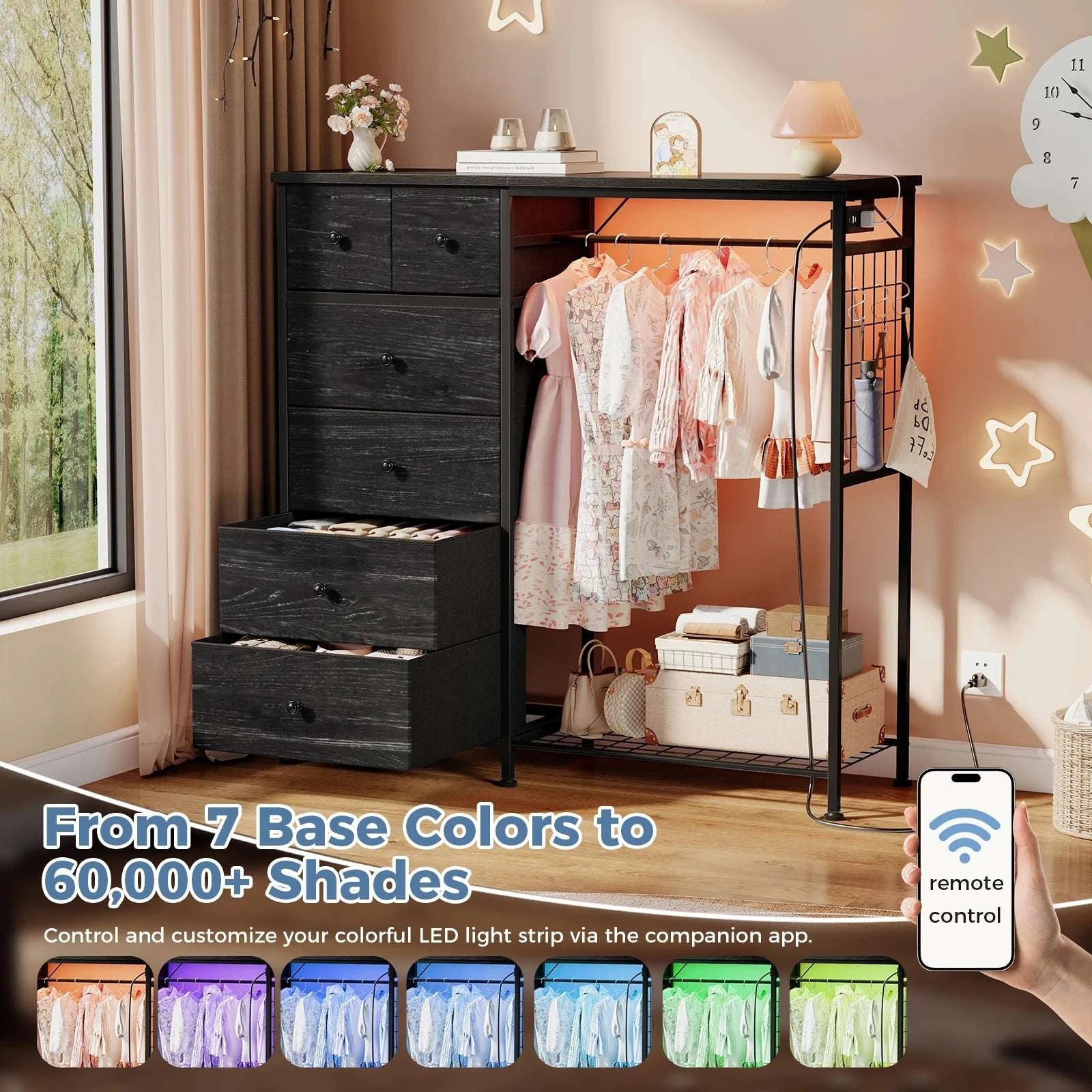 6-Drawer Fabric Dresser with Hanging Rack, LED Lights & Charging Station-LIGHT GRAY / United States