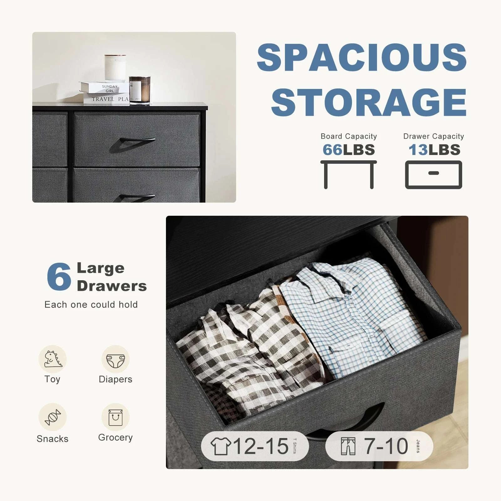 6 Drawer Fabric Nightstand with Metal Frame and Wooden Top-black / United States
