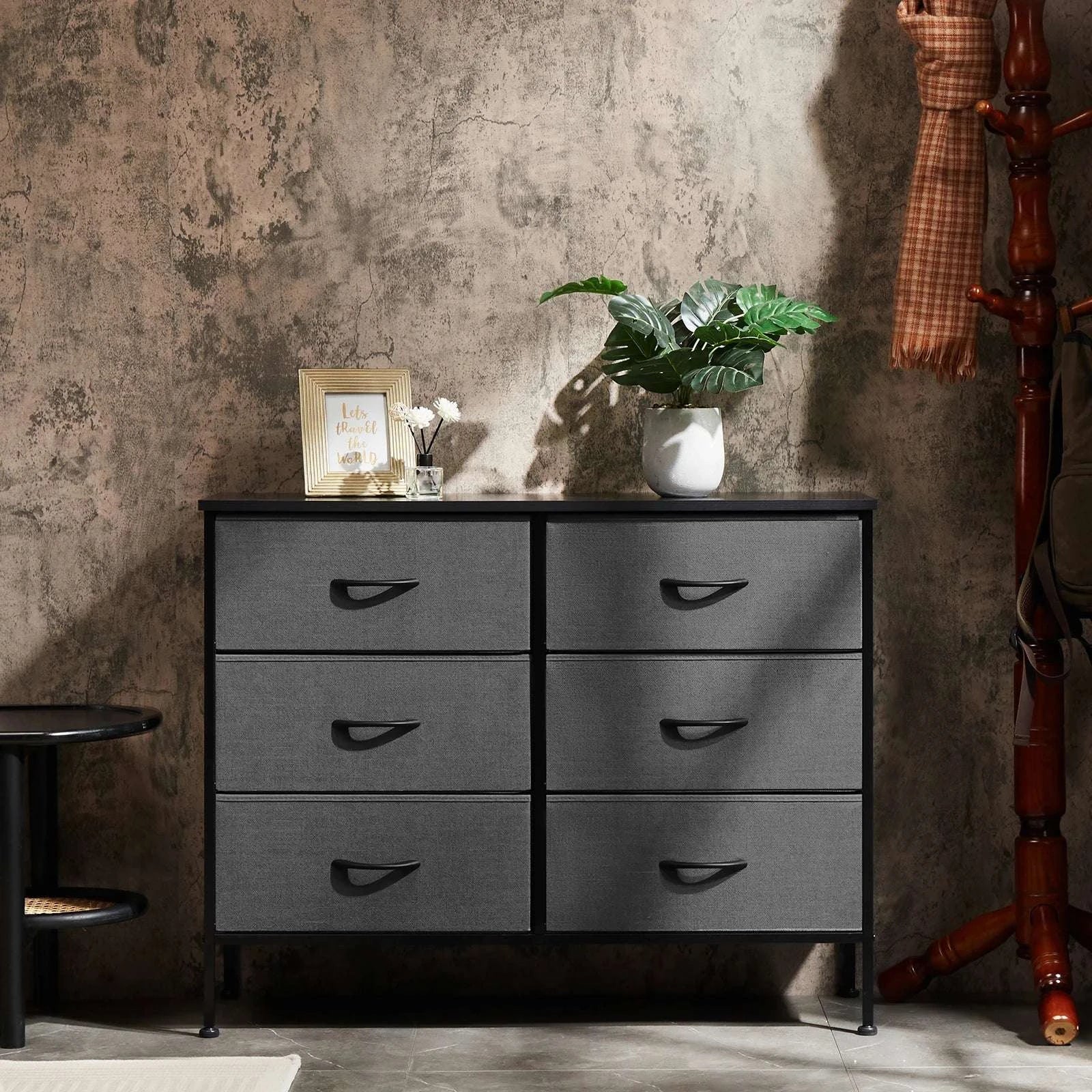 6 Drawer Fabric Nightstand with Metal Frame and Wooden Top-black / United States