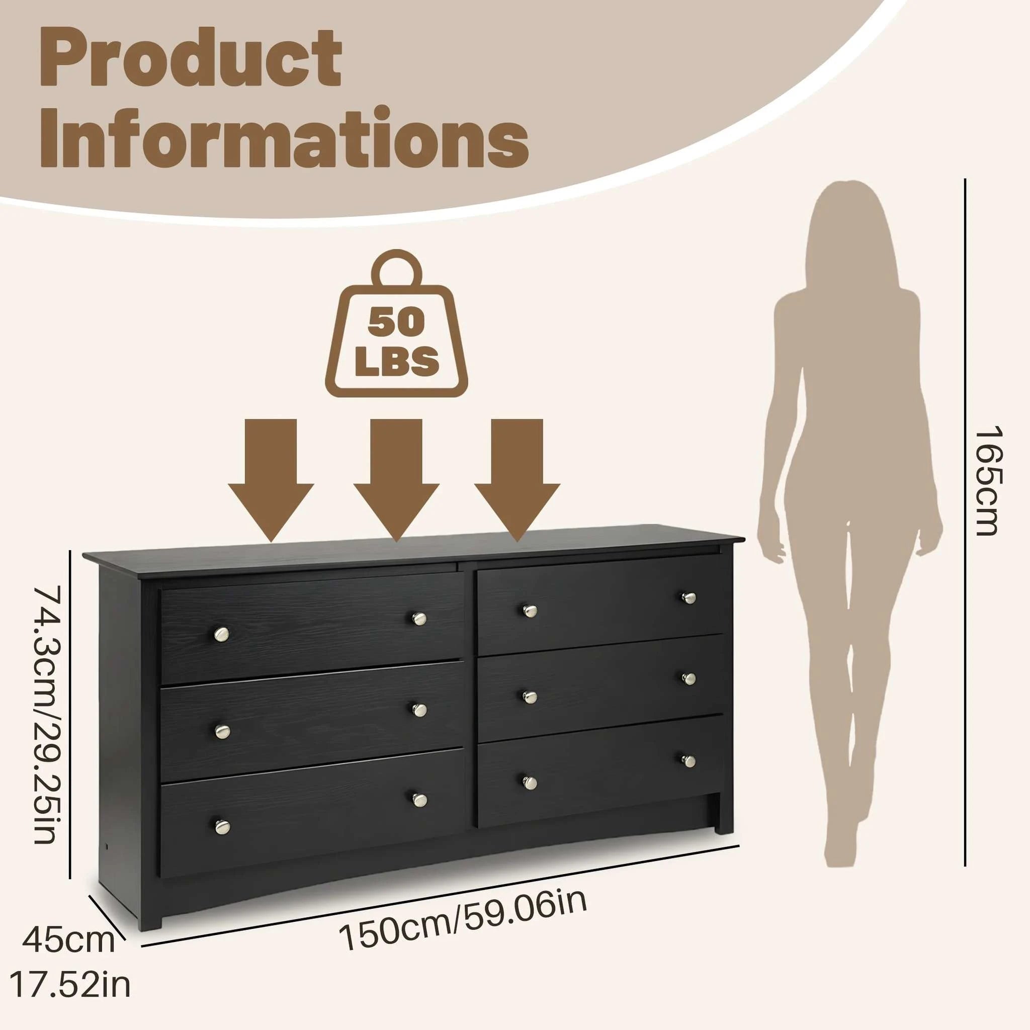 6 Drawer Wood Top Dresser with Fabric Storage for Bedroom or Living Room-black / United States