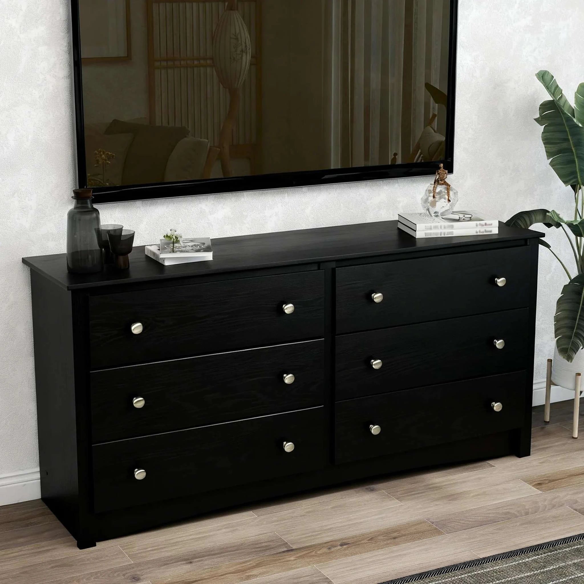 6 Drawer Wood Top Dresser with Fabric Storage for Bedroom or Living Room-black / United States