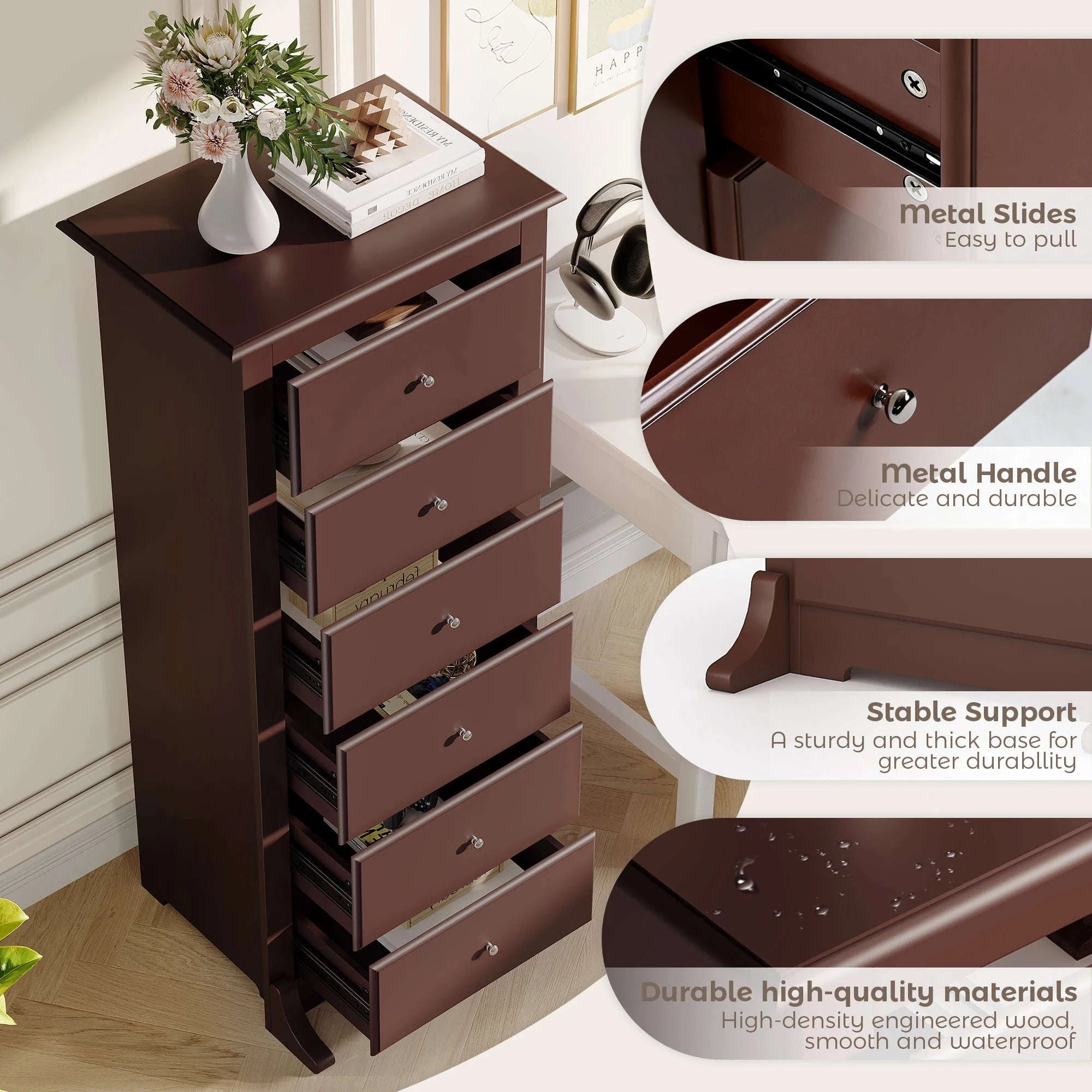 6 Drawer Wooden Dresser Chest Modern Storage Cabinet for Home-Brown / United States