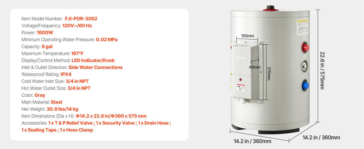 6 Gallon Electric Tank Water Heater 1600W Point-of-Use Unit-6gal / United States